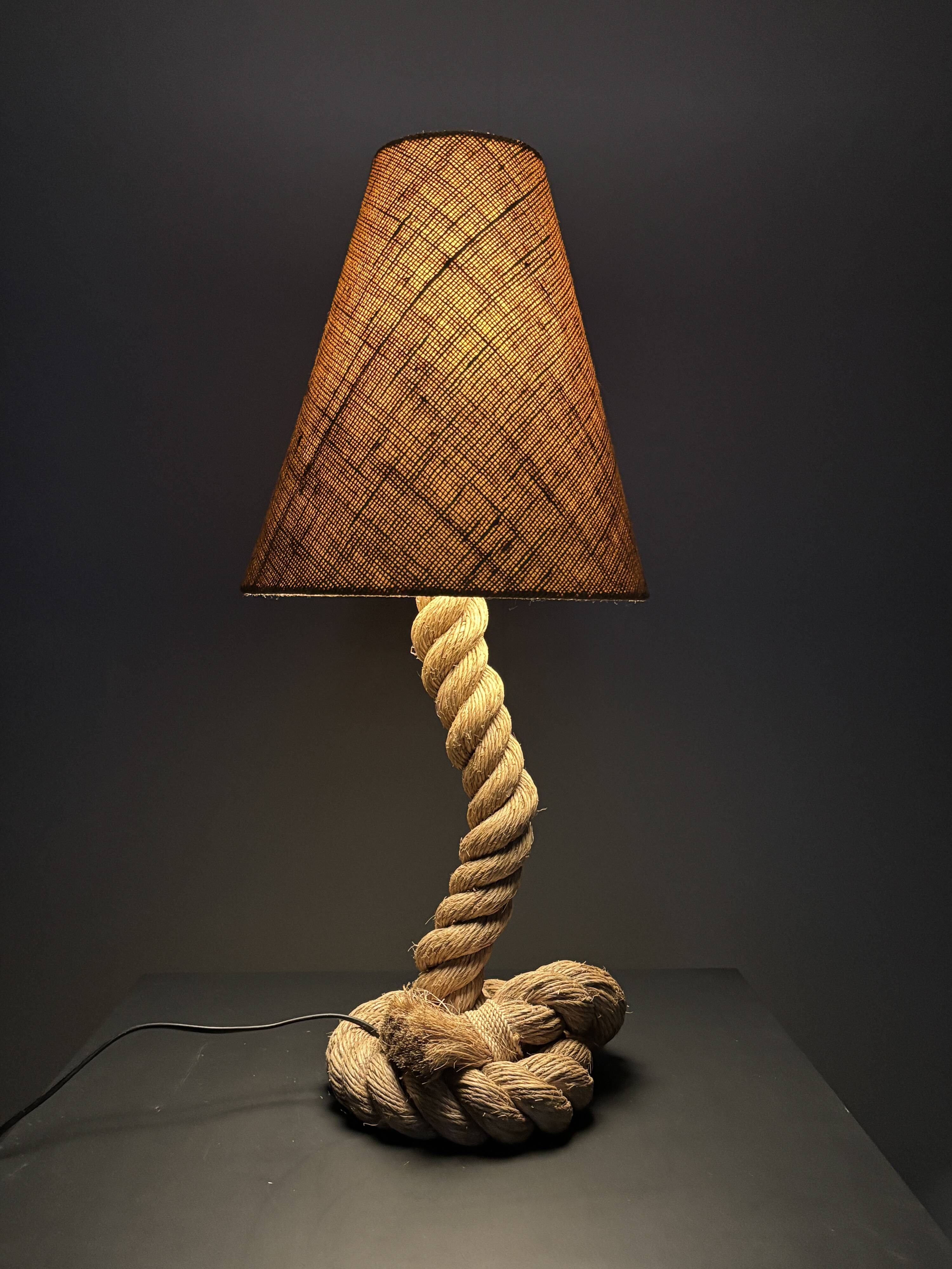 Midcentury French brutalist rope table lamp in the style of Audoux & Minet