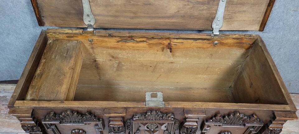 Walnut chest with rich Renaissance-style carvings, 17th century