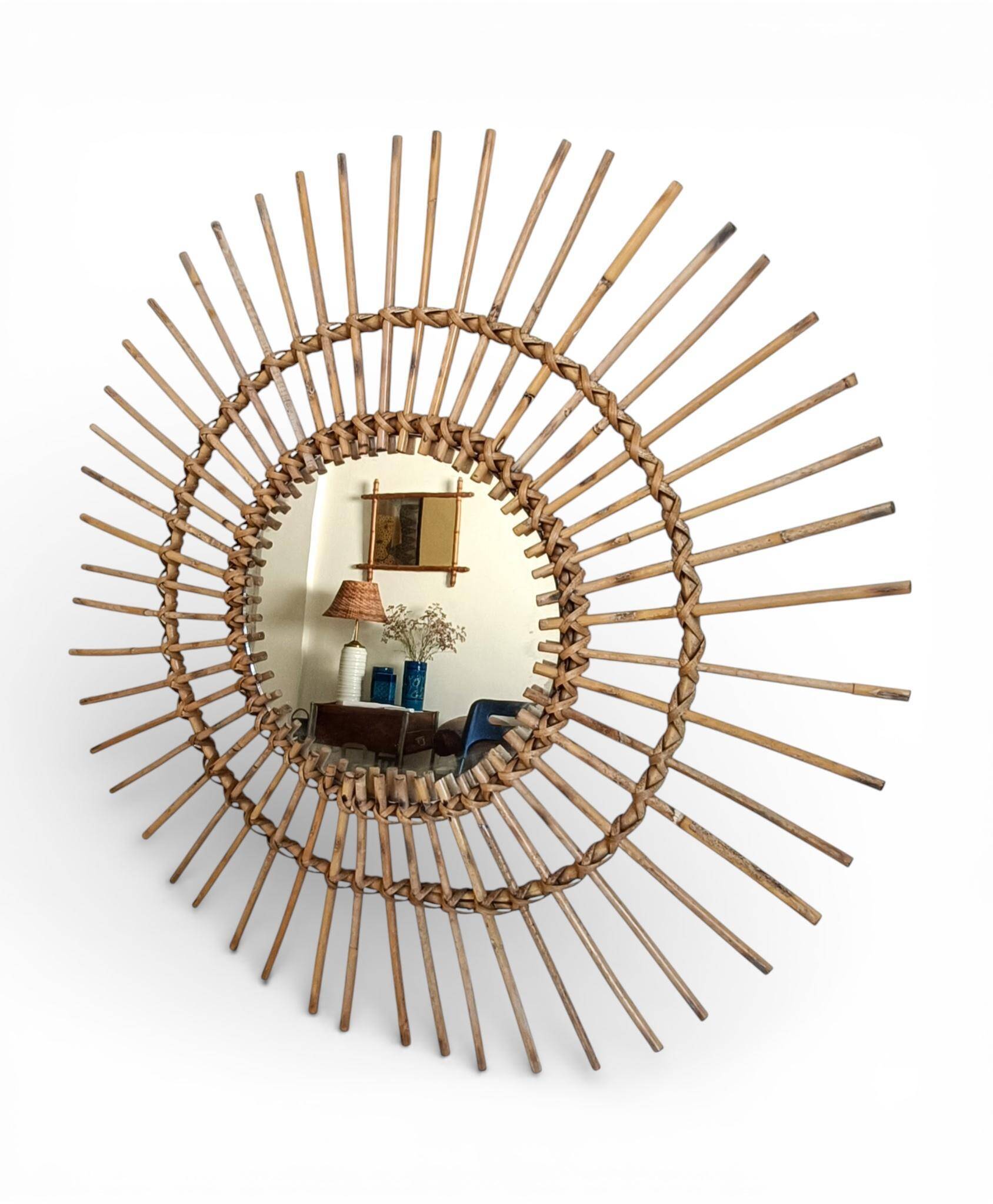Mid Century Organic Modern Bamboo & Rattan Sunburst Patinated Mirror, 1960s