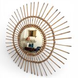 Mid Century Organic Modern Bamboo & Rattan Sunburst Patinated Mirror, 1960s