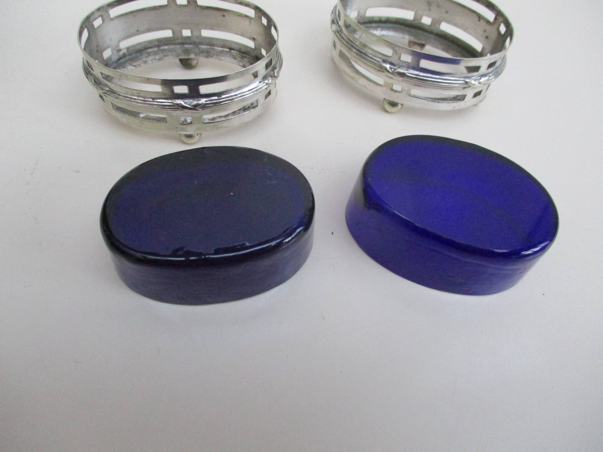 Silver metal and cobalt glass salt pots - EP St & co