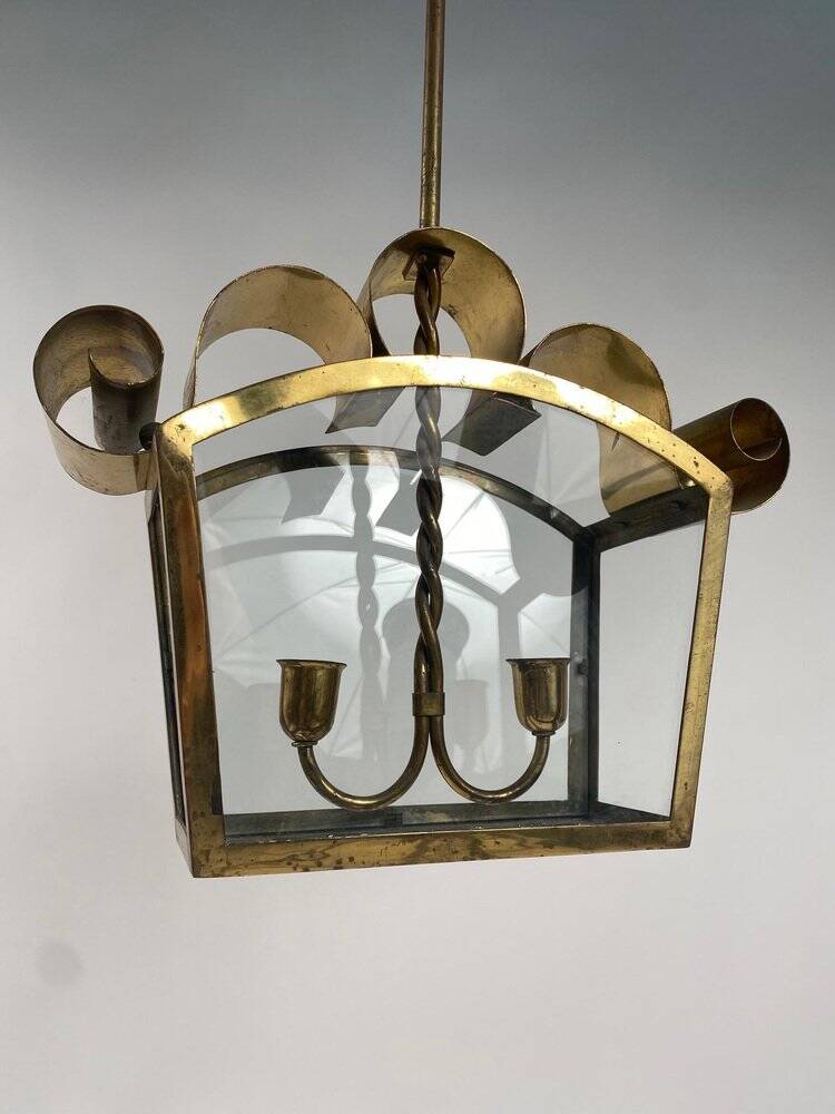 Mid-Century Italian Brass Ceiling Lamp in the style of Fontana Arte, 1950s