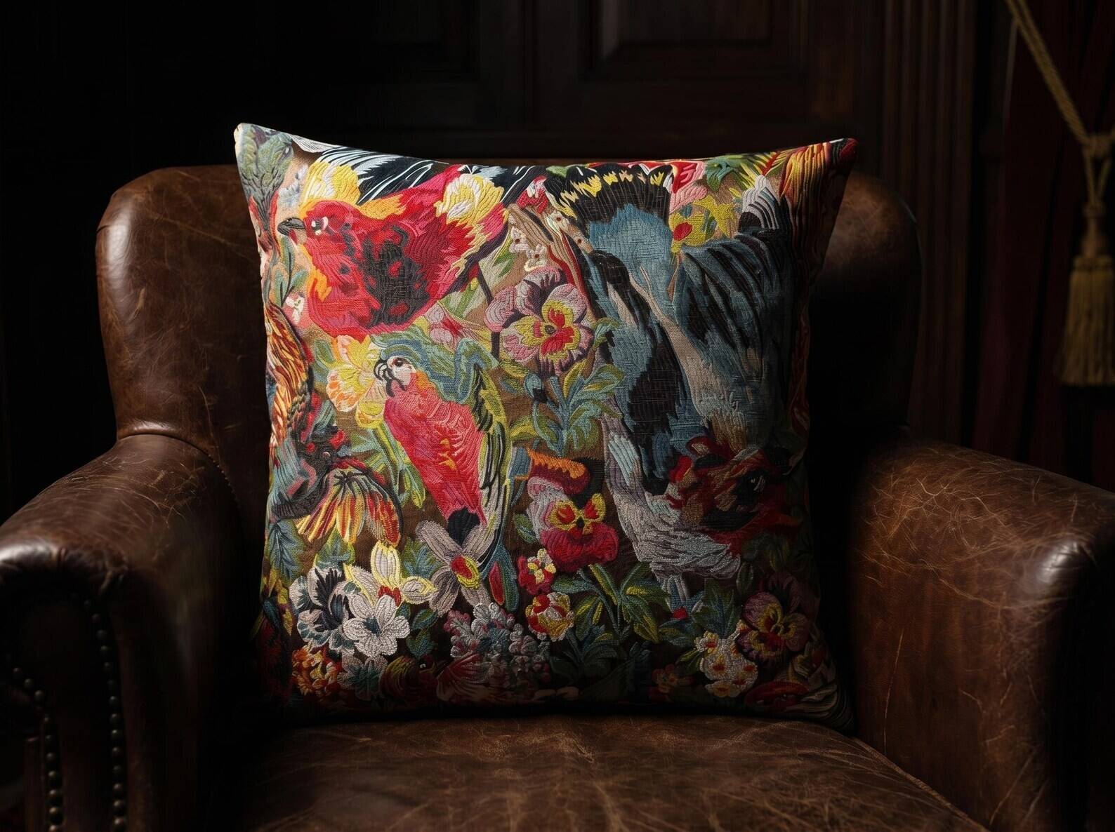Woven Cushion, Crimson Macaw Parrot Jacquard, Dark Ground Pillow Cover