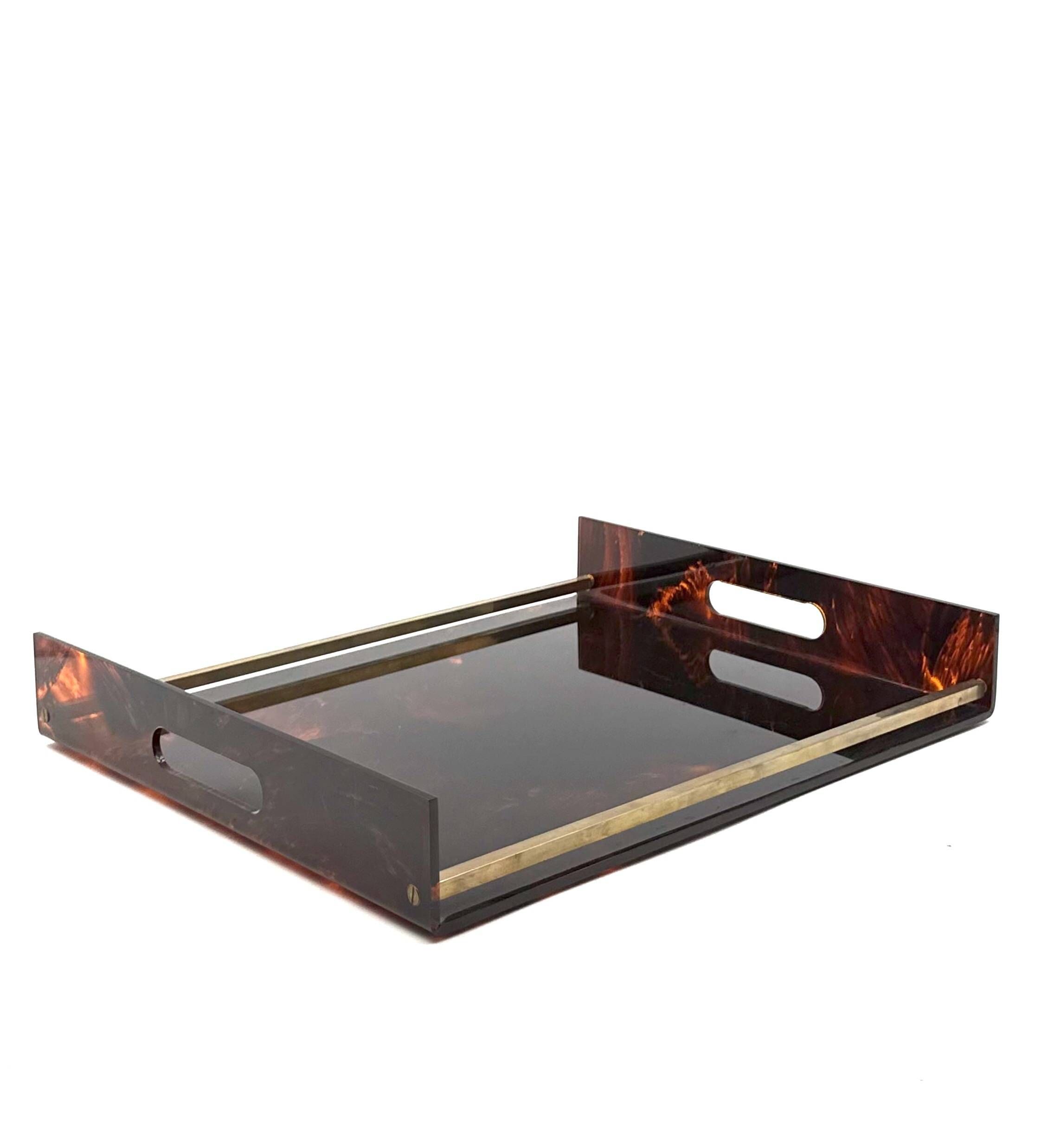 Hollywood regency brass and tortoiseshell lucite tray, Italy 1970s