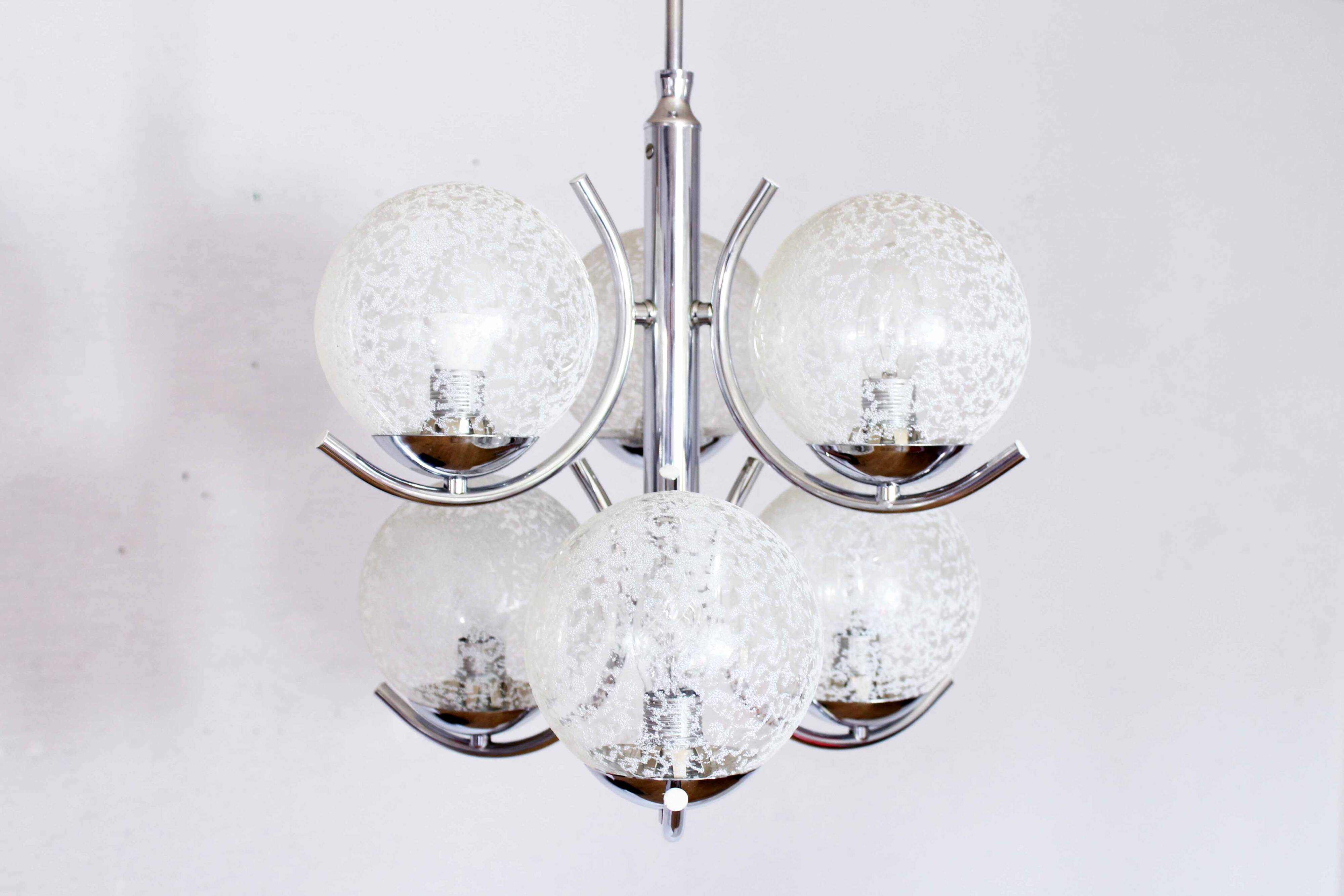 Glass and chrome metal chandelier 1970