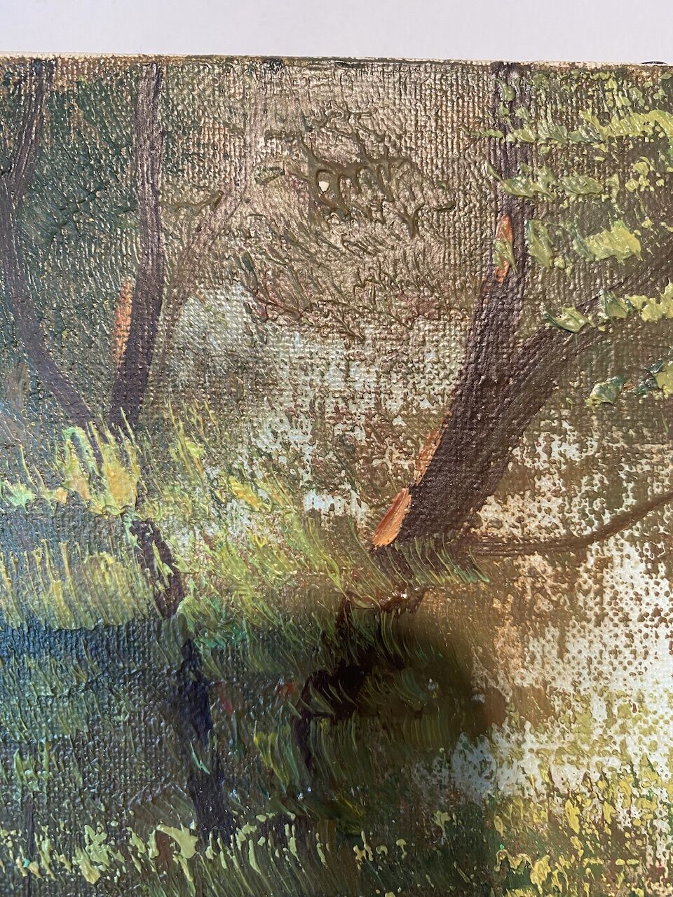 Old painting, landscape at the pond, signed Leroux, XX century