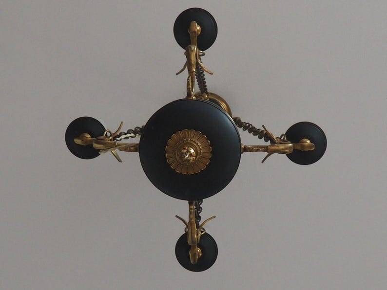 Vintage French Empire Swan Chandelier: Bronze Brass Toleware, C1950s