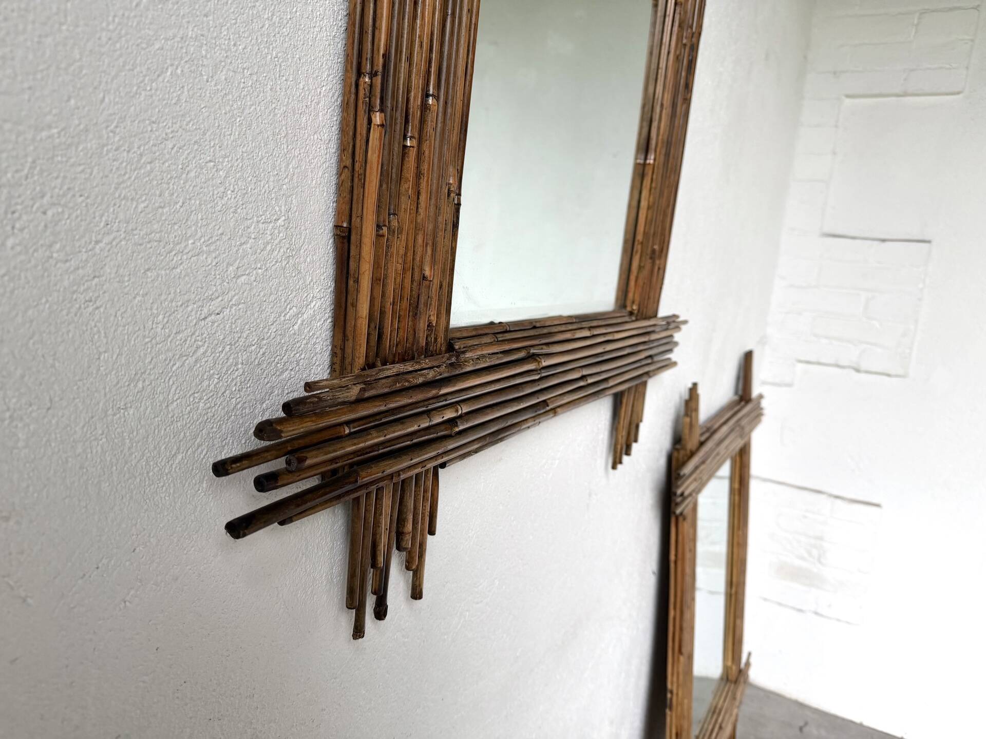 Pair of large vintage bamboo mirrors, 1970s