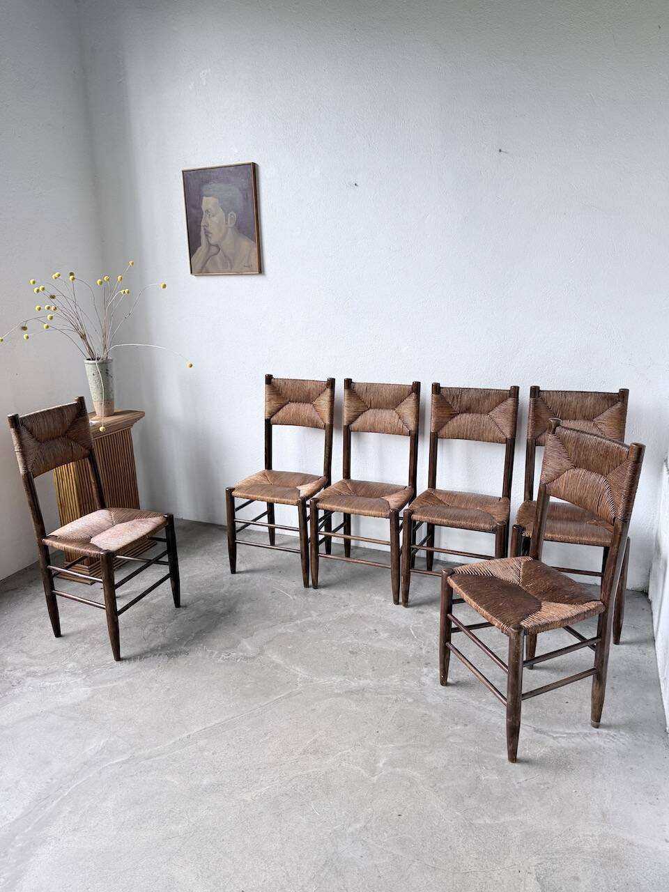 Set of 6 straw and oak Beauche chairs.