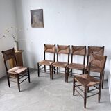 Set of 6 straw and oak Beauche chairs.