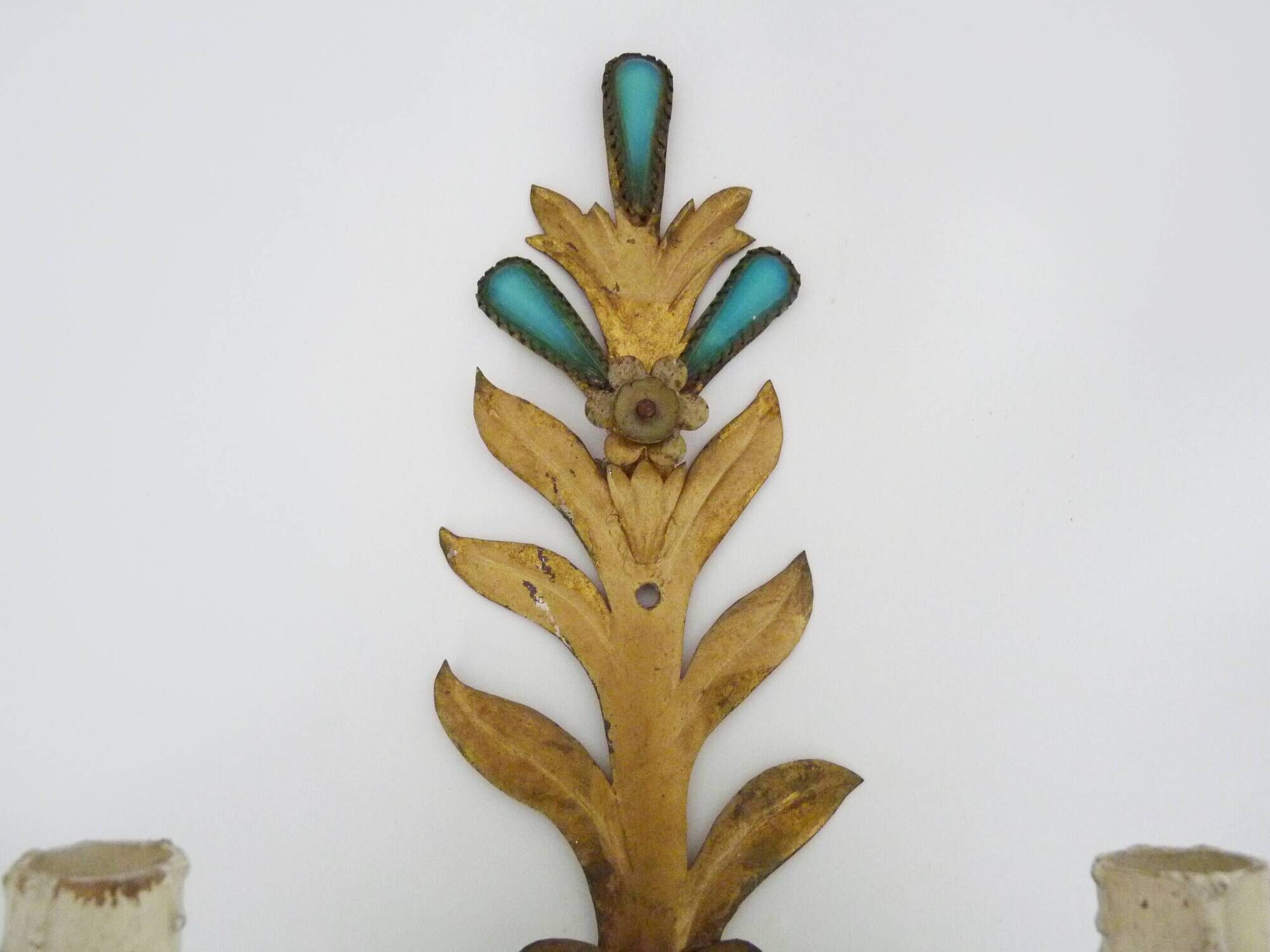 Pair of gold metal wall lights with turquoise glass inlay. 70