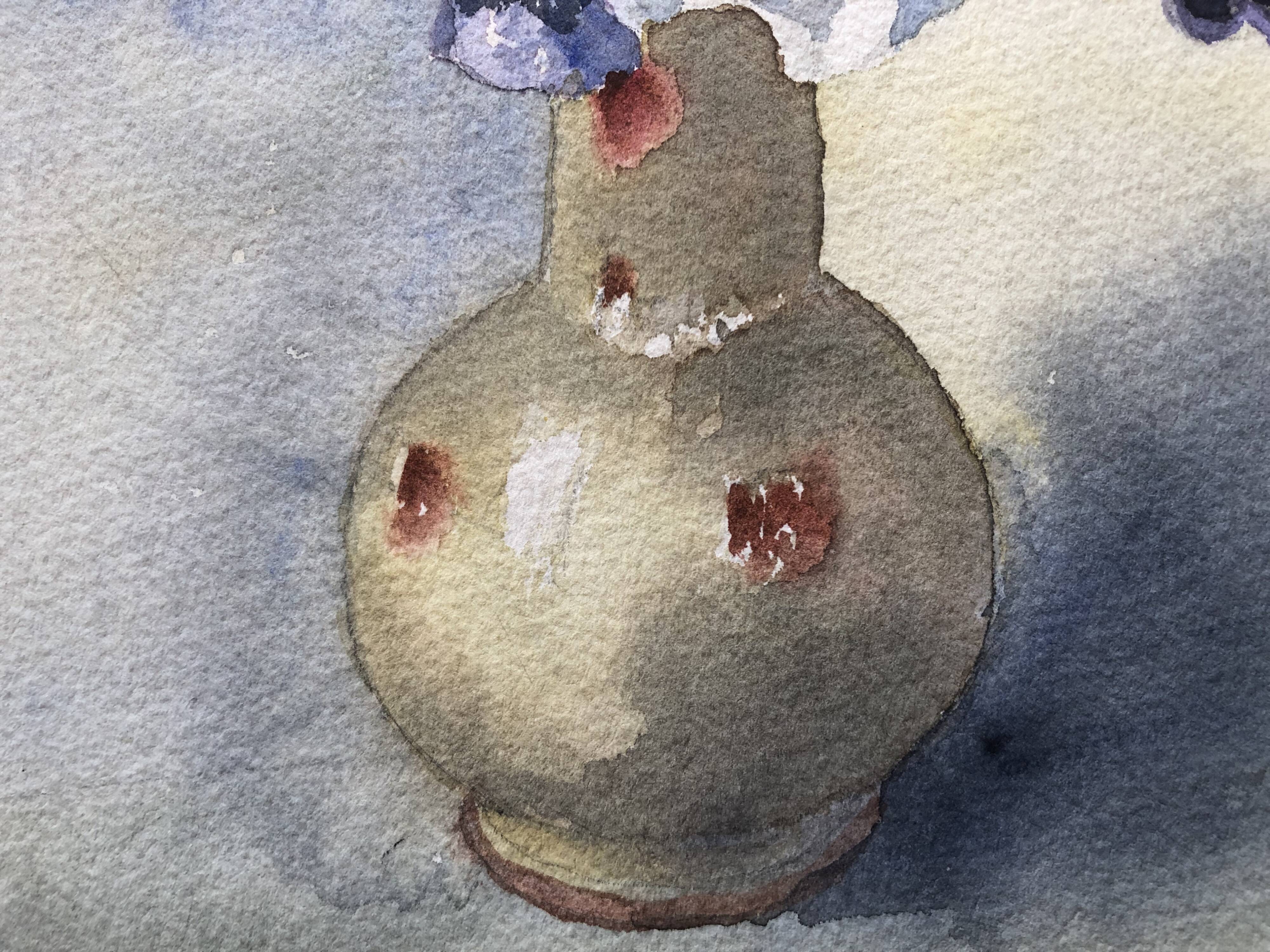 Watercolor painting potiche with pensees flowers, on paper, signed cmb or cmr, still life 1989