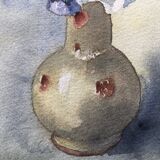 Watercolor painting potiche with pensees flowers, on paper, signed cmb or cmr, still life 1989