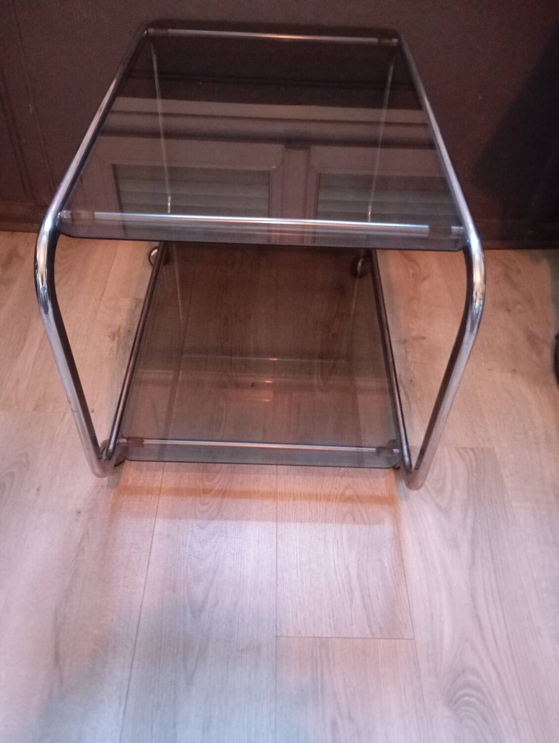 Desserte vintage en aluminium brossé et verre