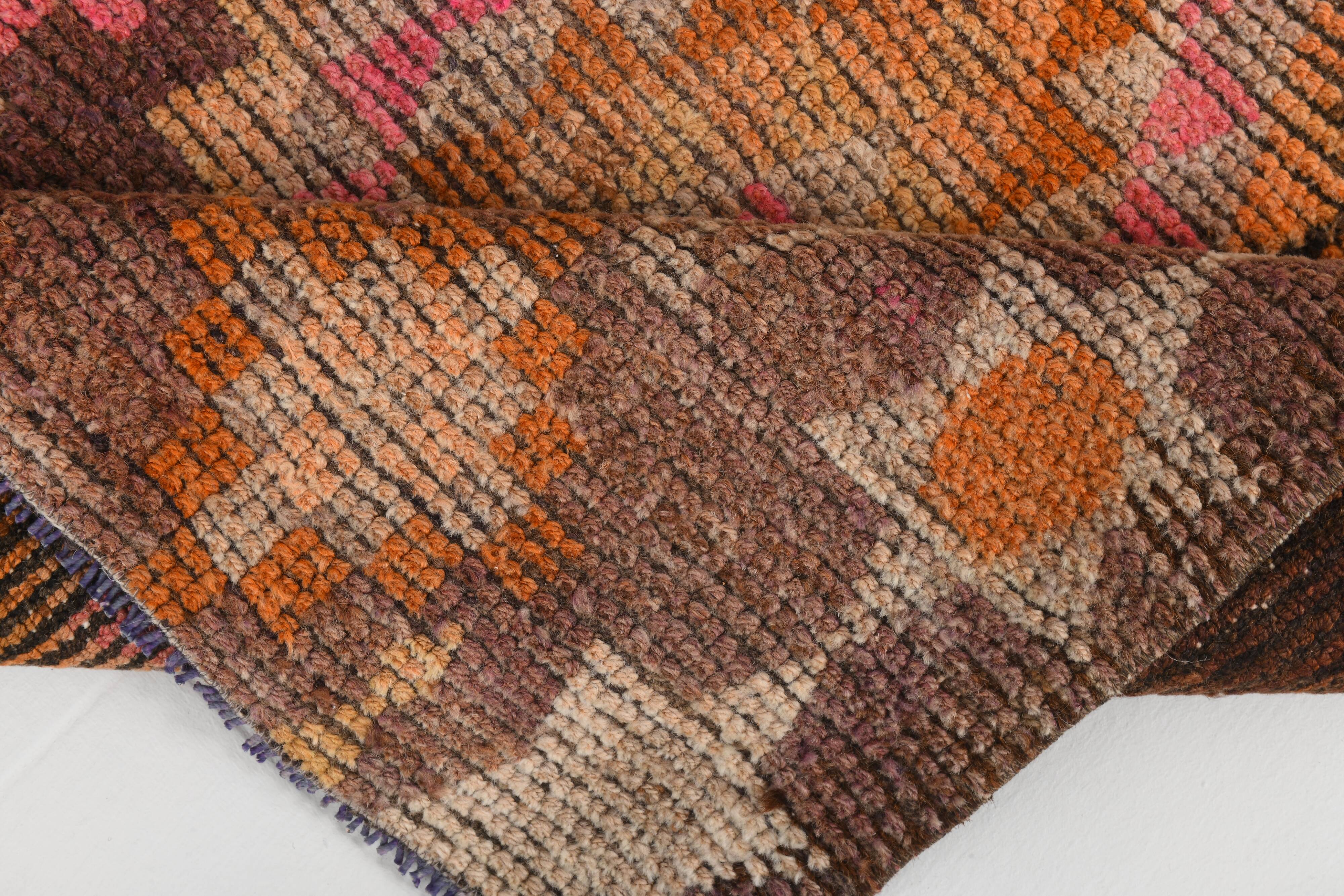 3x7 Brown Hot Pink Turkish Vintage Runner Rug, 92x227Cm