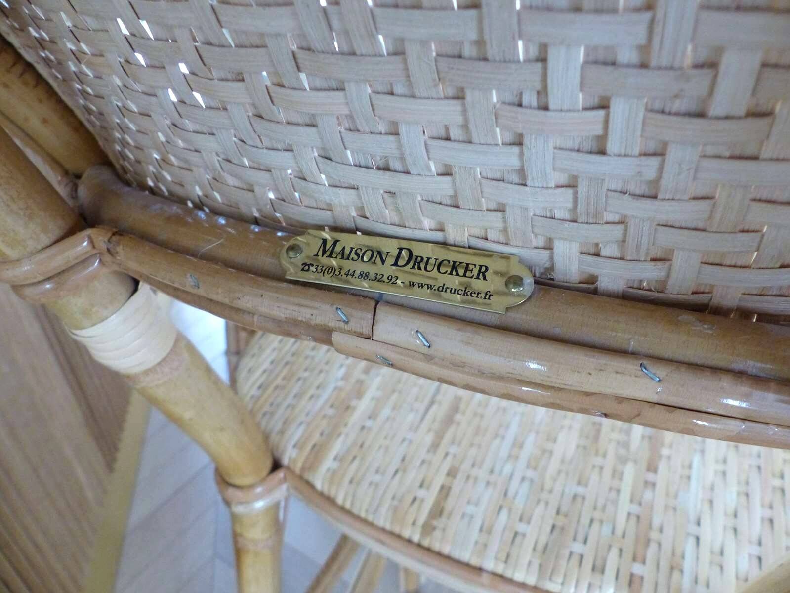 Lot of 3 Maison Louis Drucker light Manila rattan bistro high chairs.