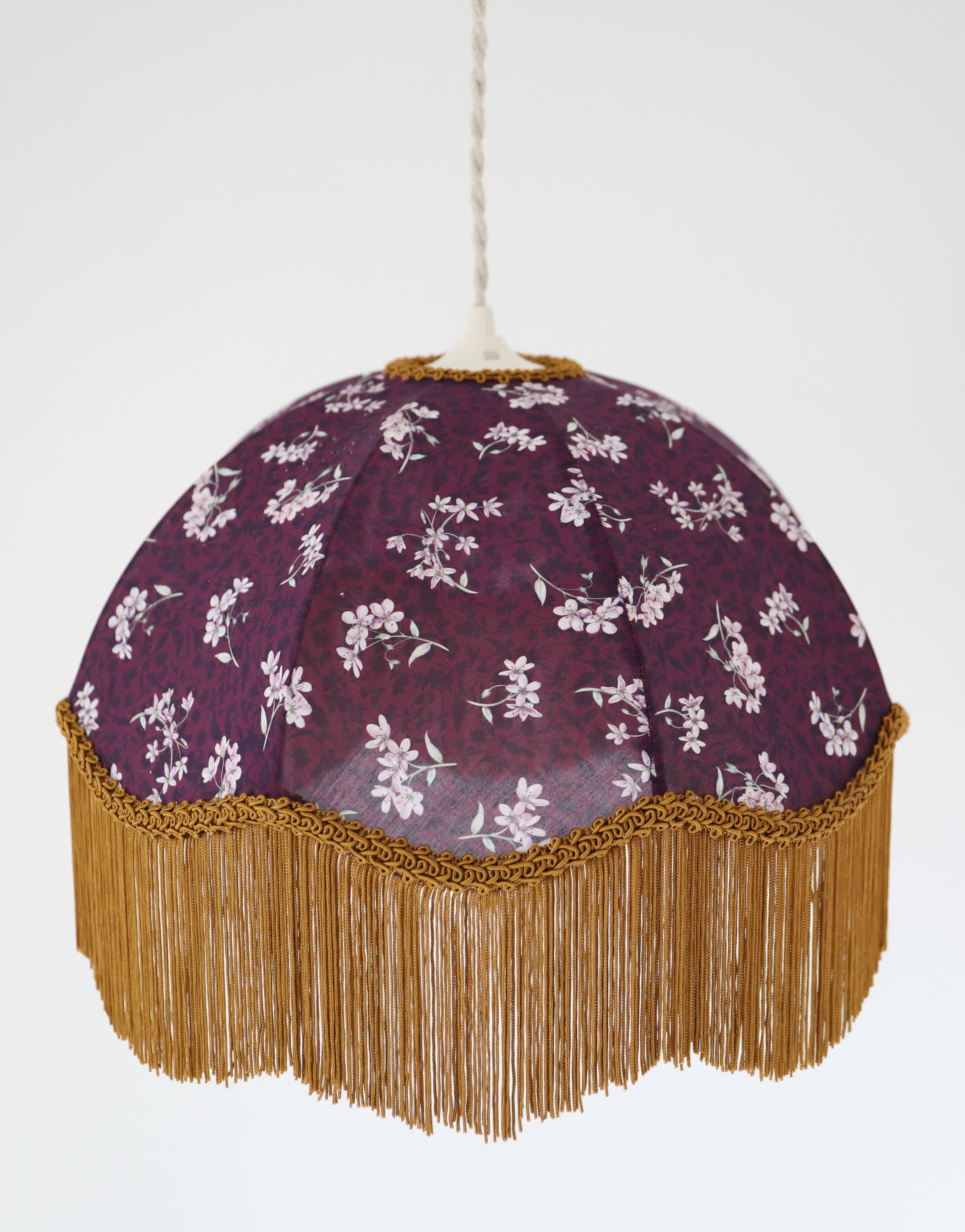 60s-70s pendant light, liberty print umbrella with fringes