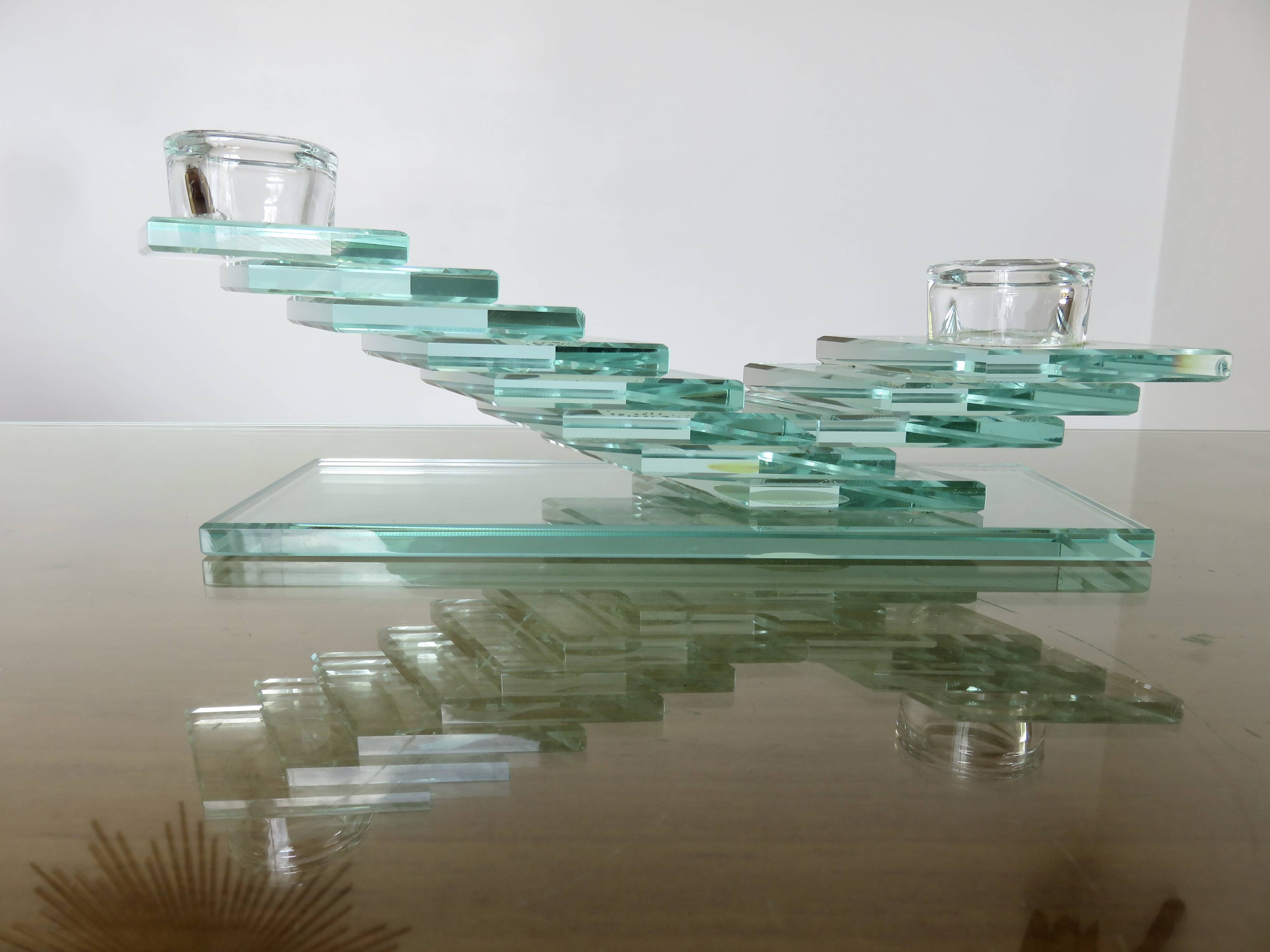 Designer candle holder in glass plates from the 80s