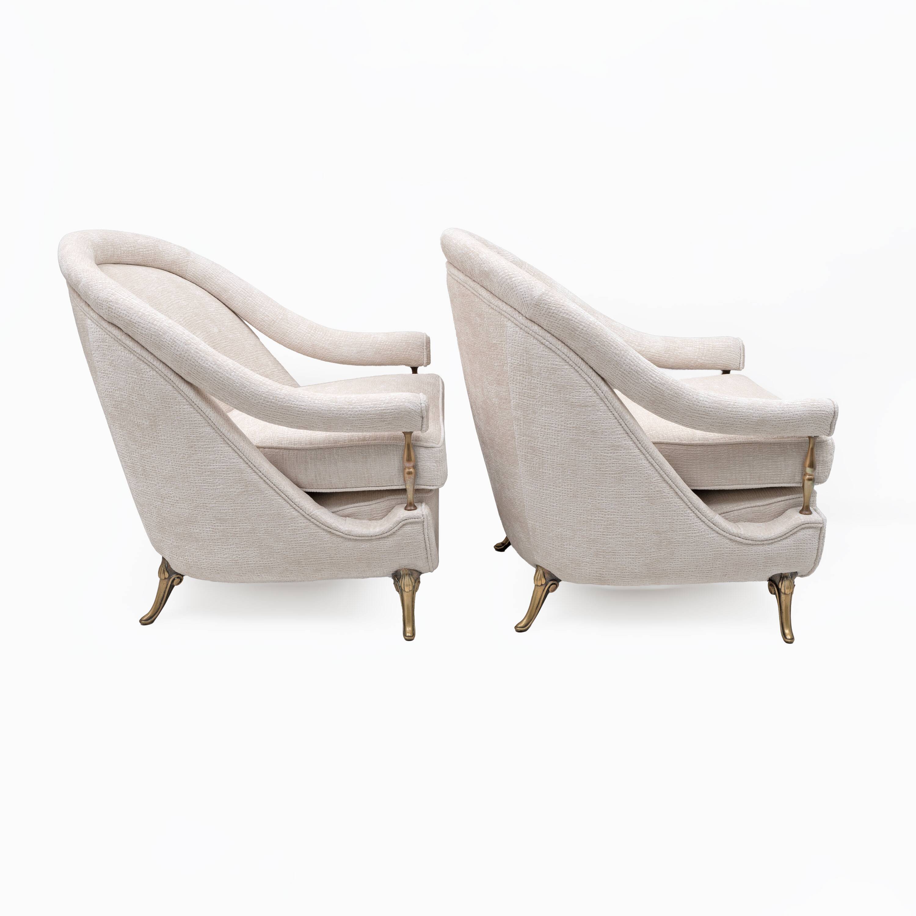 Pair of French Mid-Century Armchairs in Art Deco Style with Brass Details