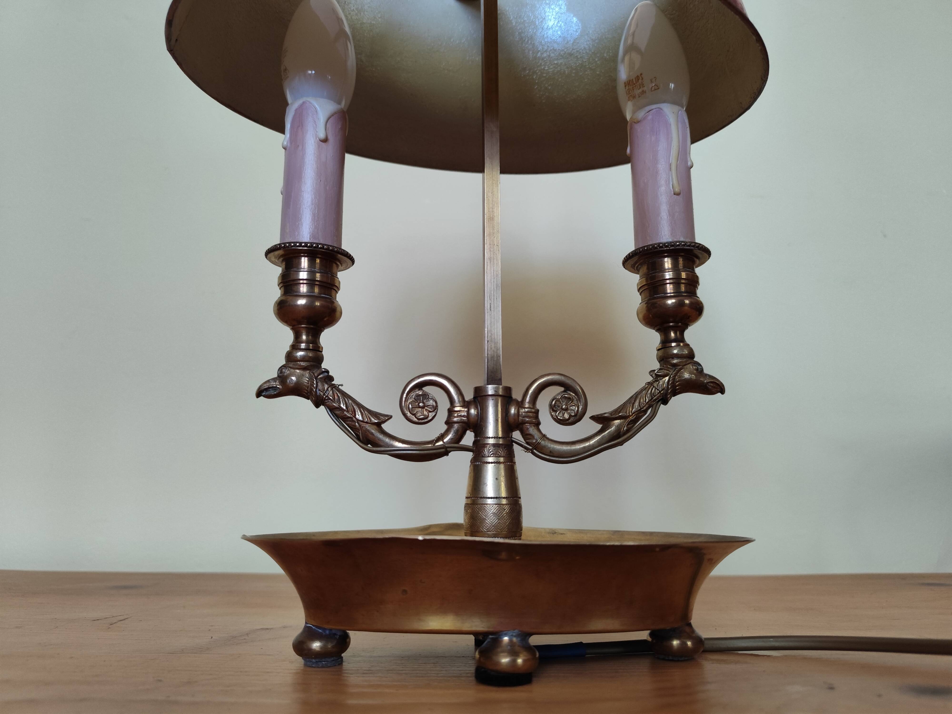 bronze and brass 2-bulb bouillotte lamp, red desk lamp