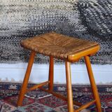 Tabouret style scandinave en paille et bois, années 1950