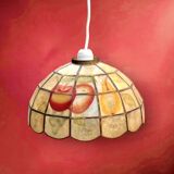 Vintage suspension in mother-of-pearl and brass with fruit decoration – retro light fitting from the 70s.