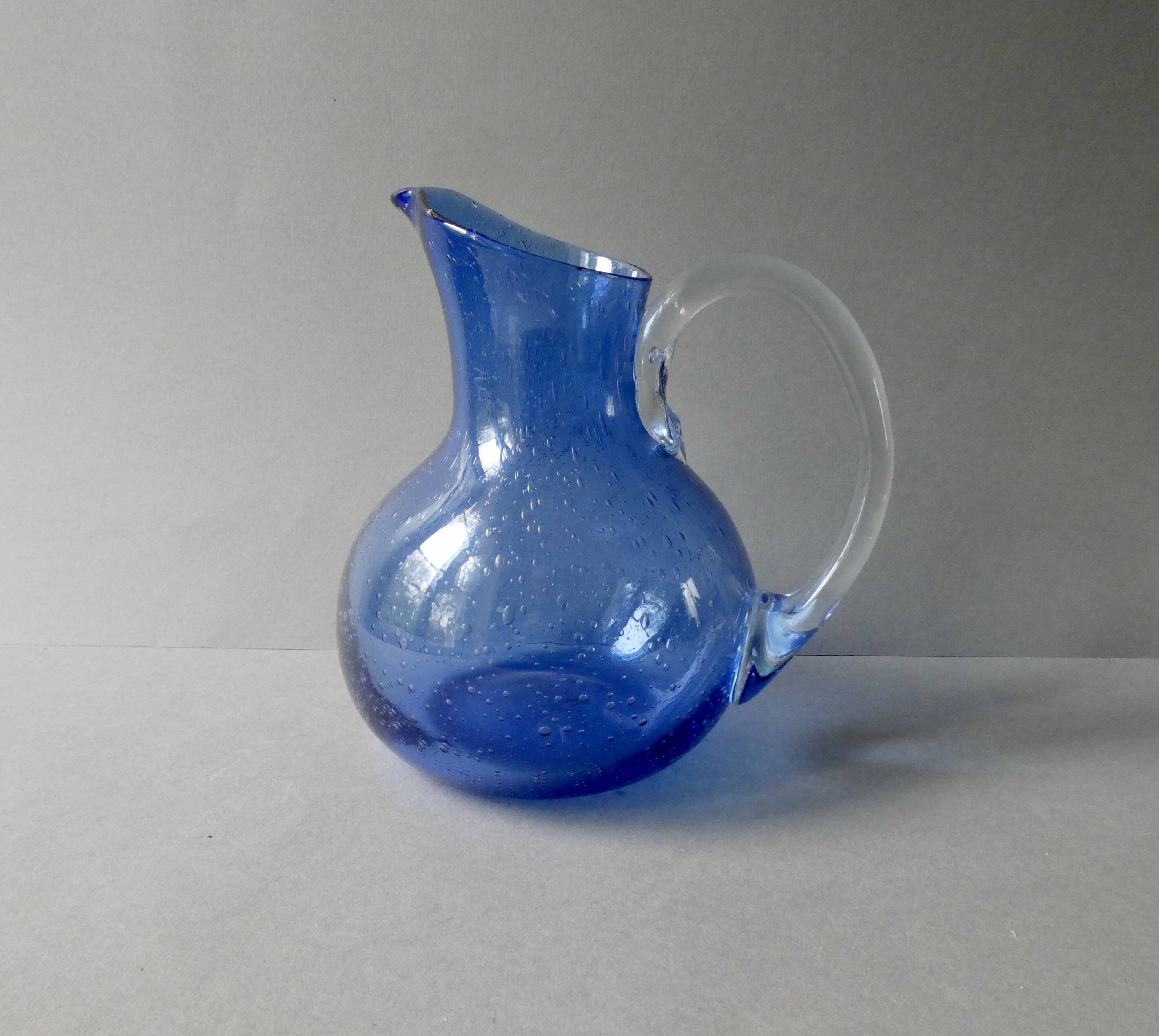 Blue bubble glass pitcher