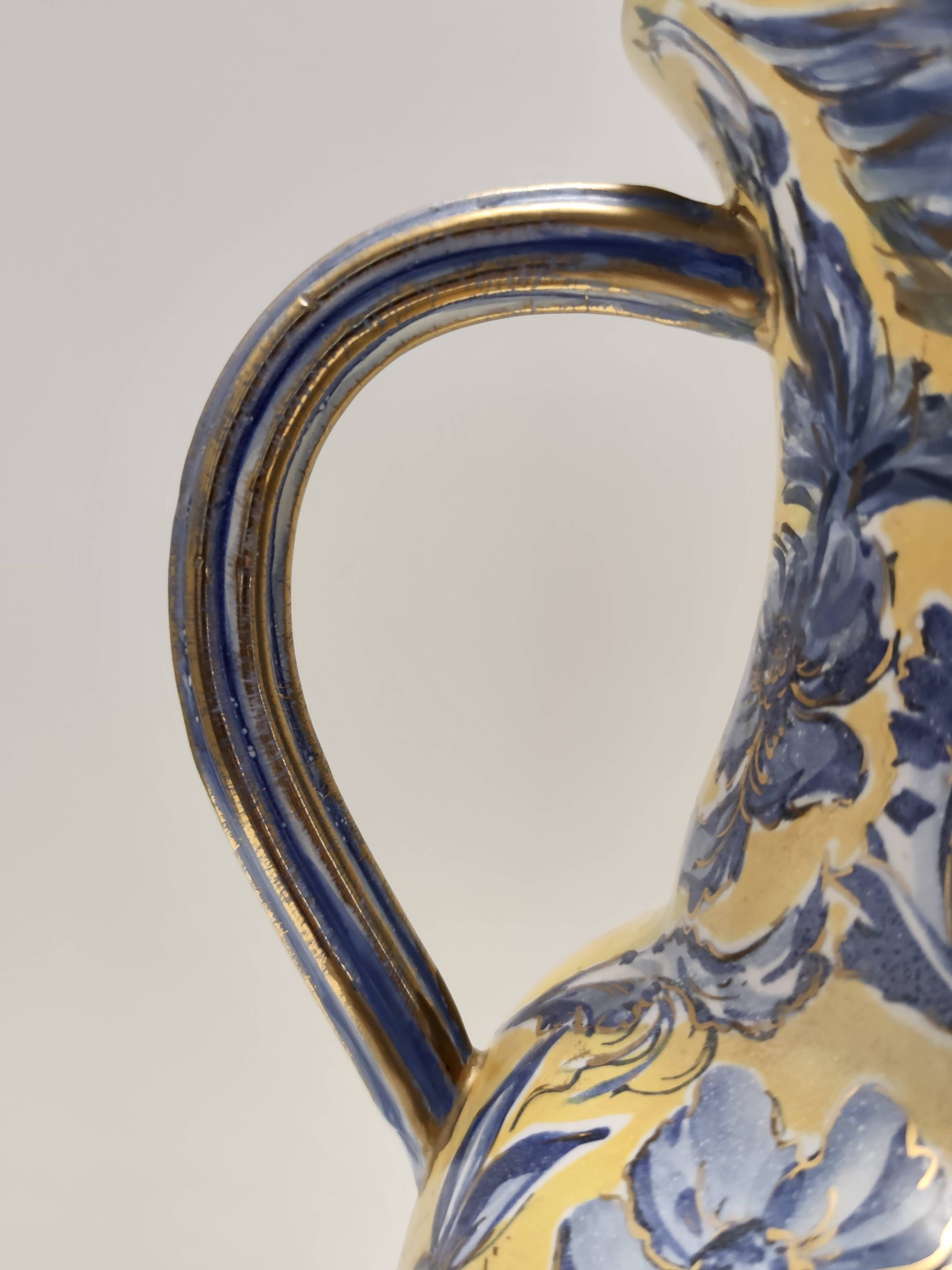 Vintage Handmade Yellow and Blue Glazed Ceramic Amphora by Zulimo Aretini, Italy
