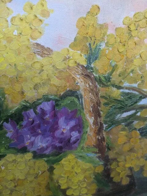 Tableau ancien, mimosa et violettes