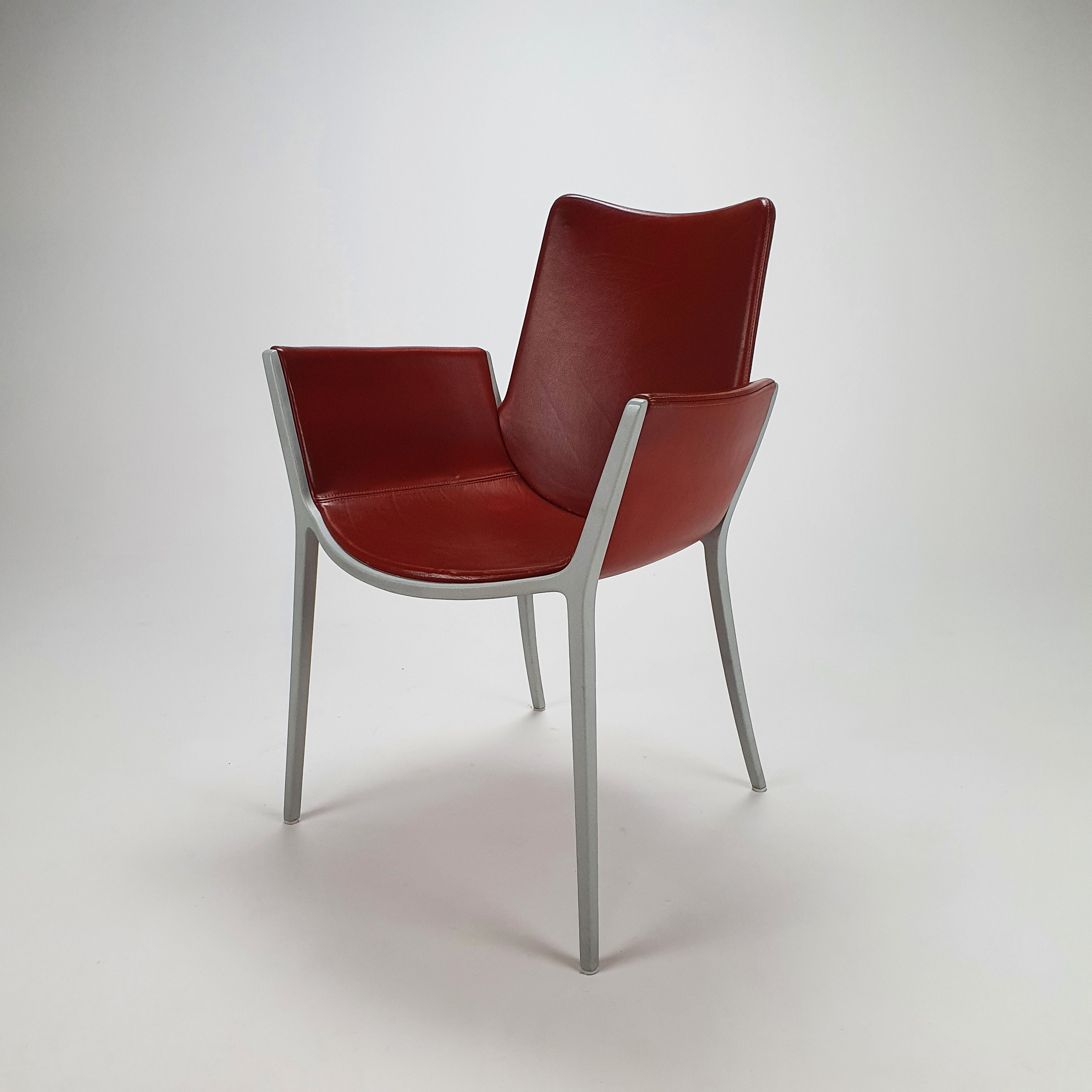 Set of 4 red leather and aluminium duna chairs by Jorge Pensi for Cassina, 1990s