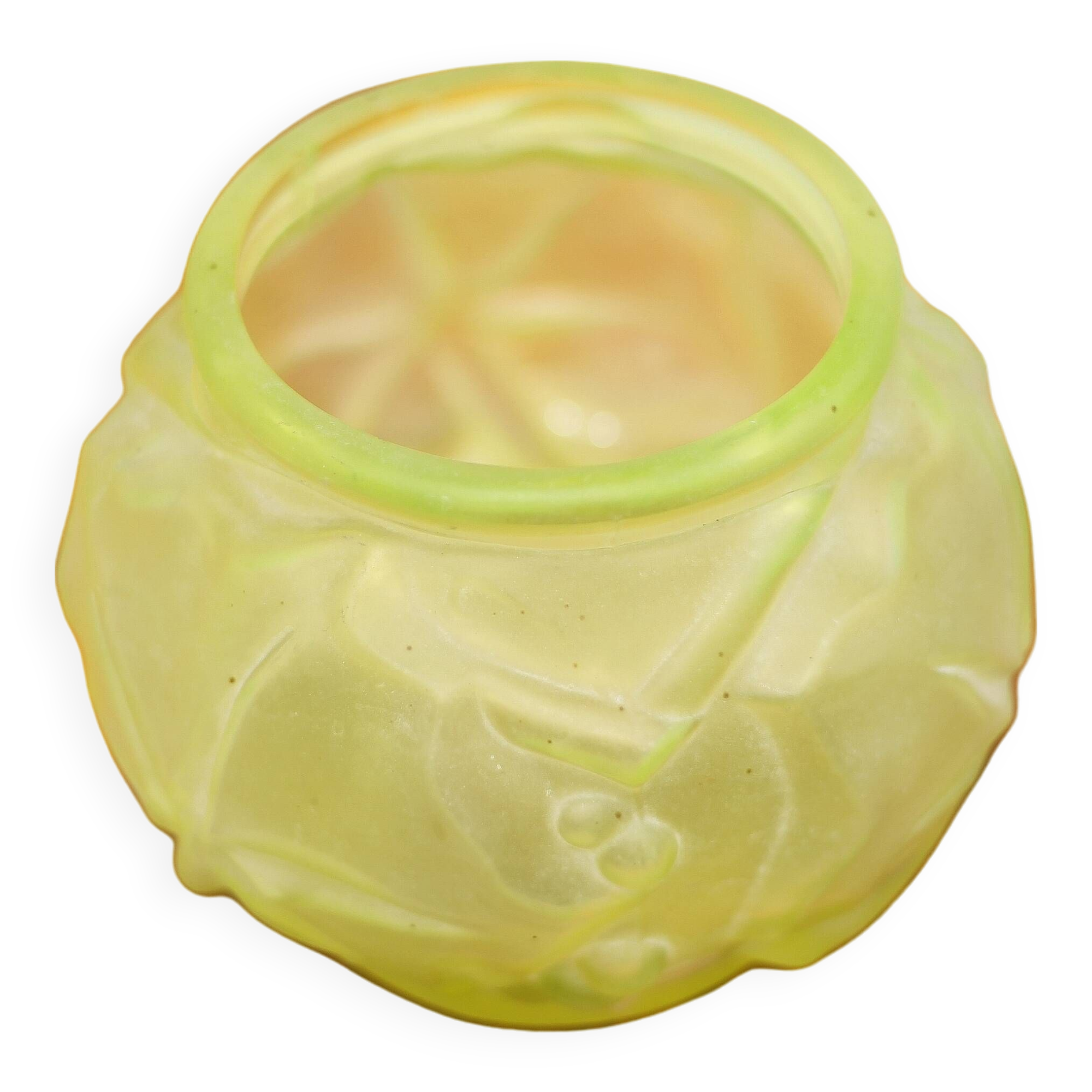 Fluorescent yellow ball vase with vine leaf patterns