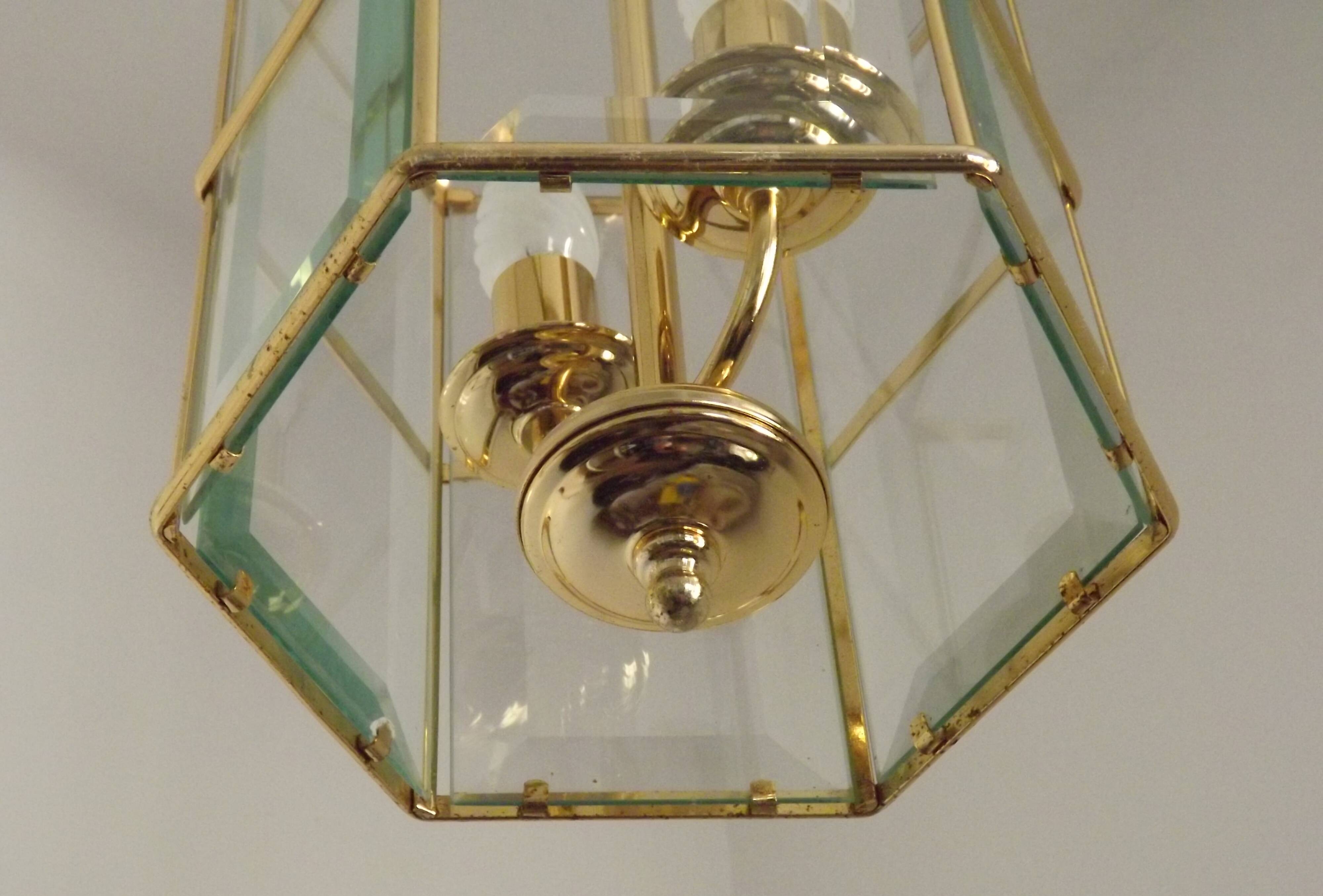 French Vintage 2 Light Hexagonal Gold Metal & Beveled Glass Hanging Light