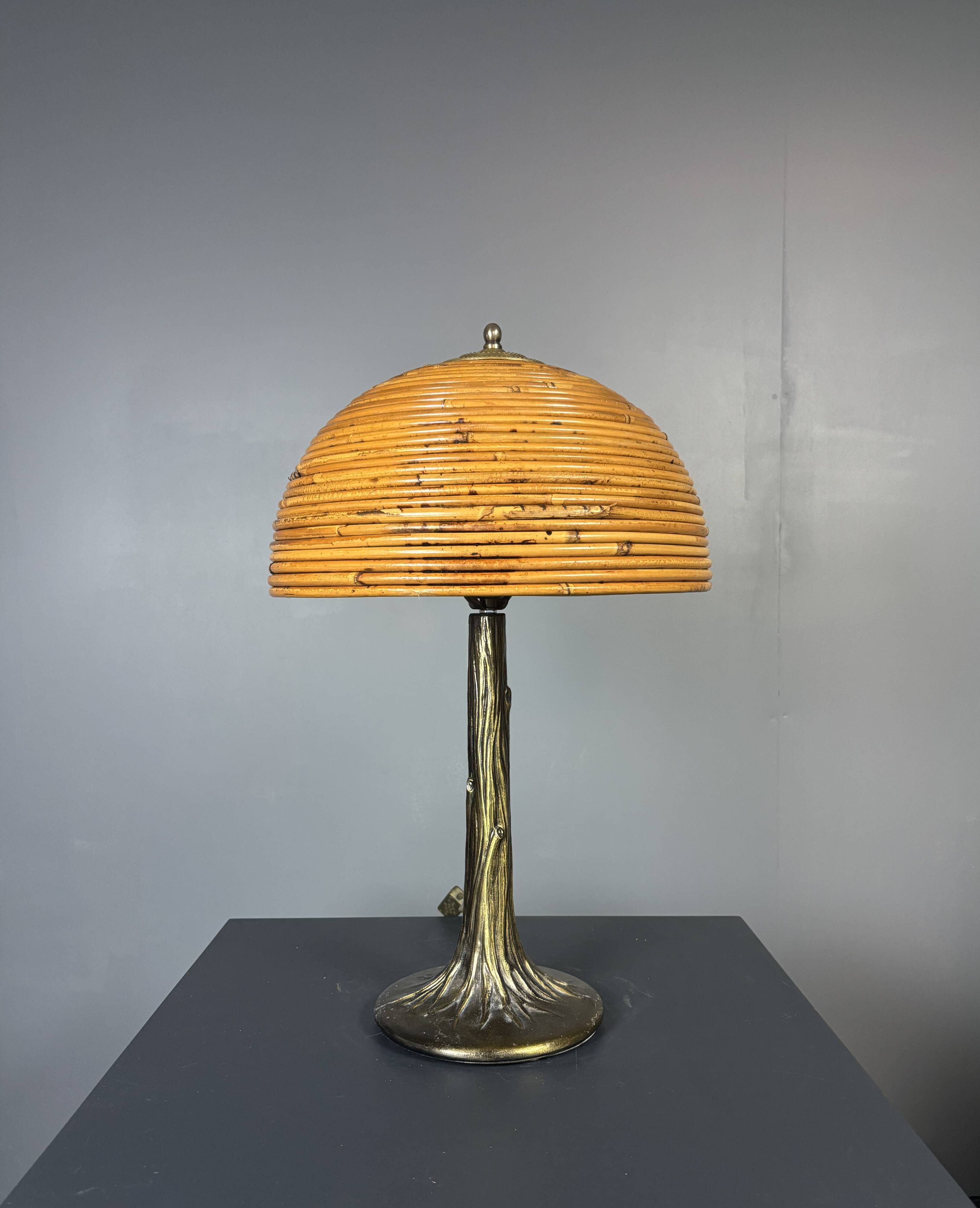 Mid-Century Pencil Reed Rattan Bamboo and Brass Table Lamp, 1970s
