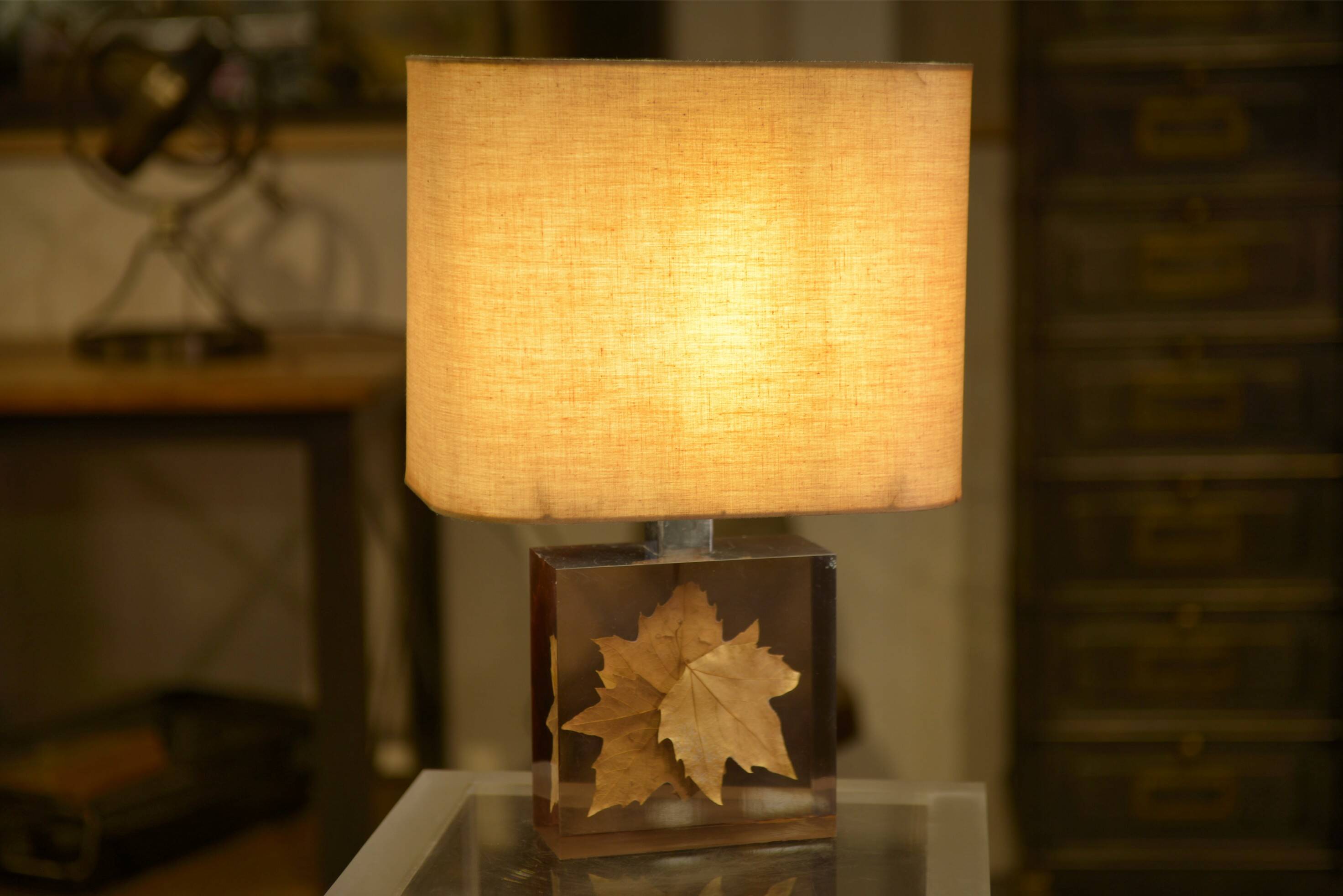 Lamp with plane tree leaf inclusion by Pierre Giraudon 1970s