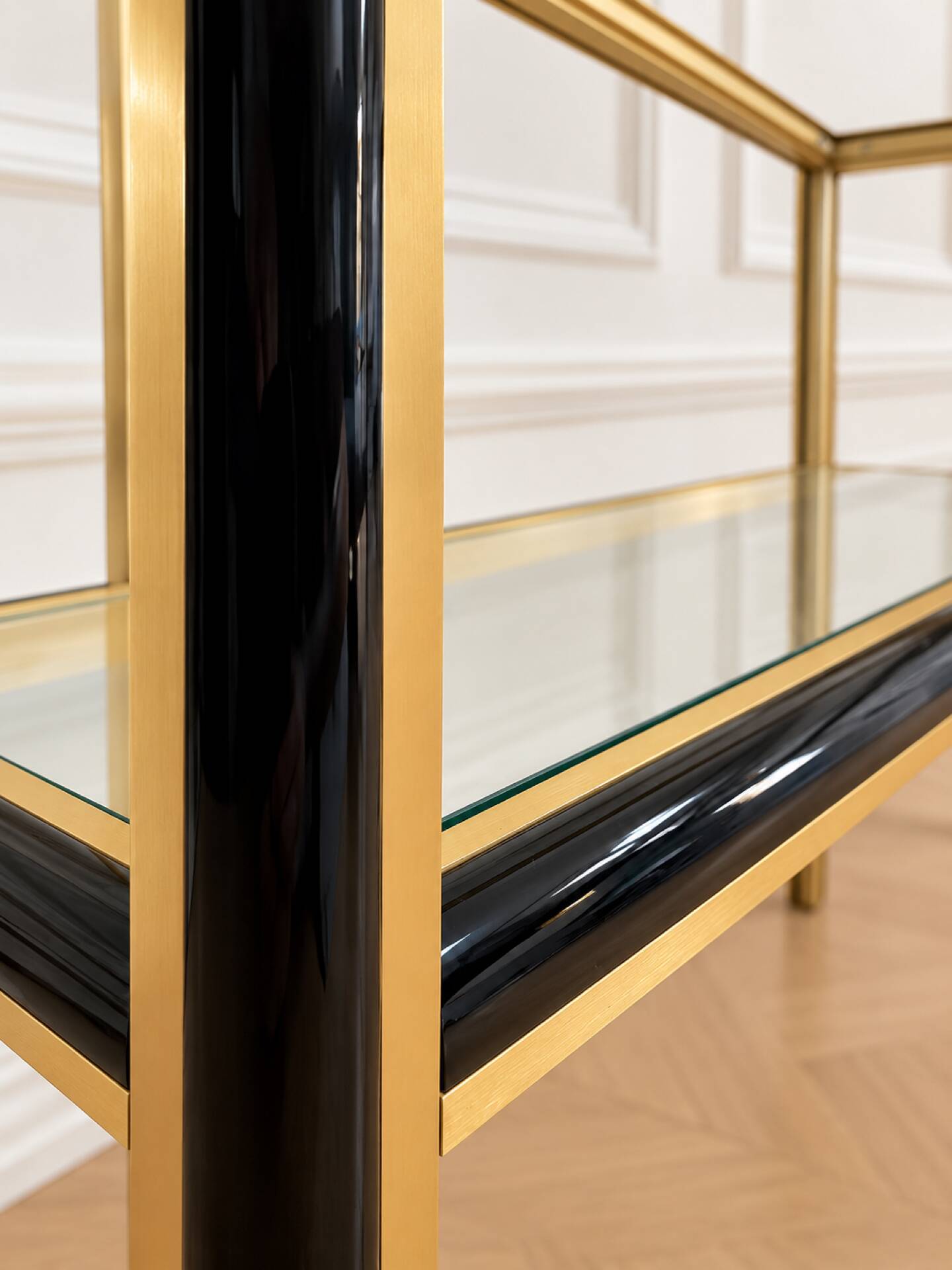 Vintage black and gold console with two glass shelves – 70s/80s
