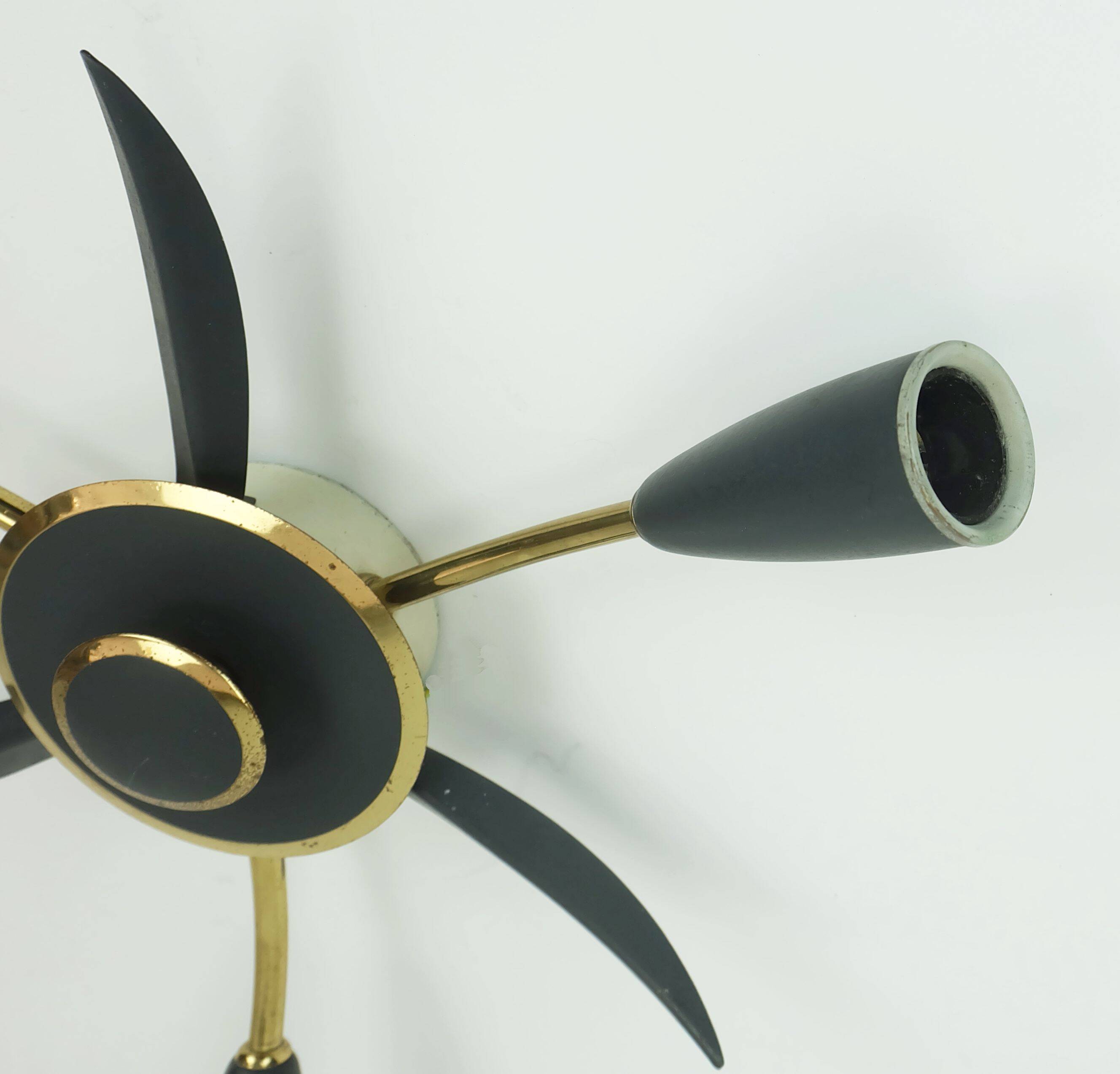 1950s mid century sputnik 3-light CEILING FIXTURE brass and dark grey metal