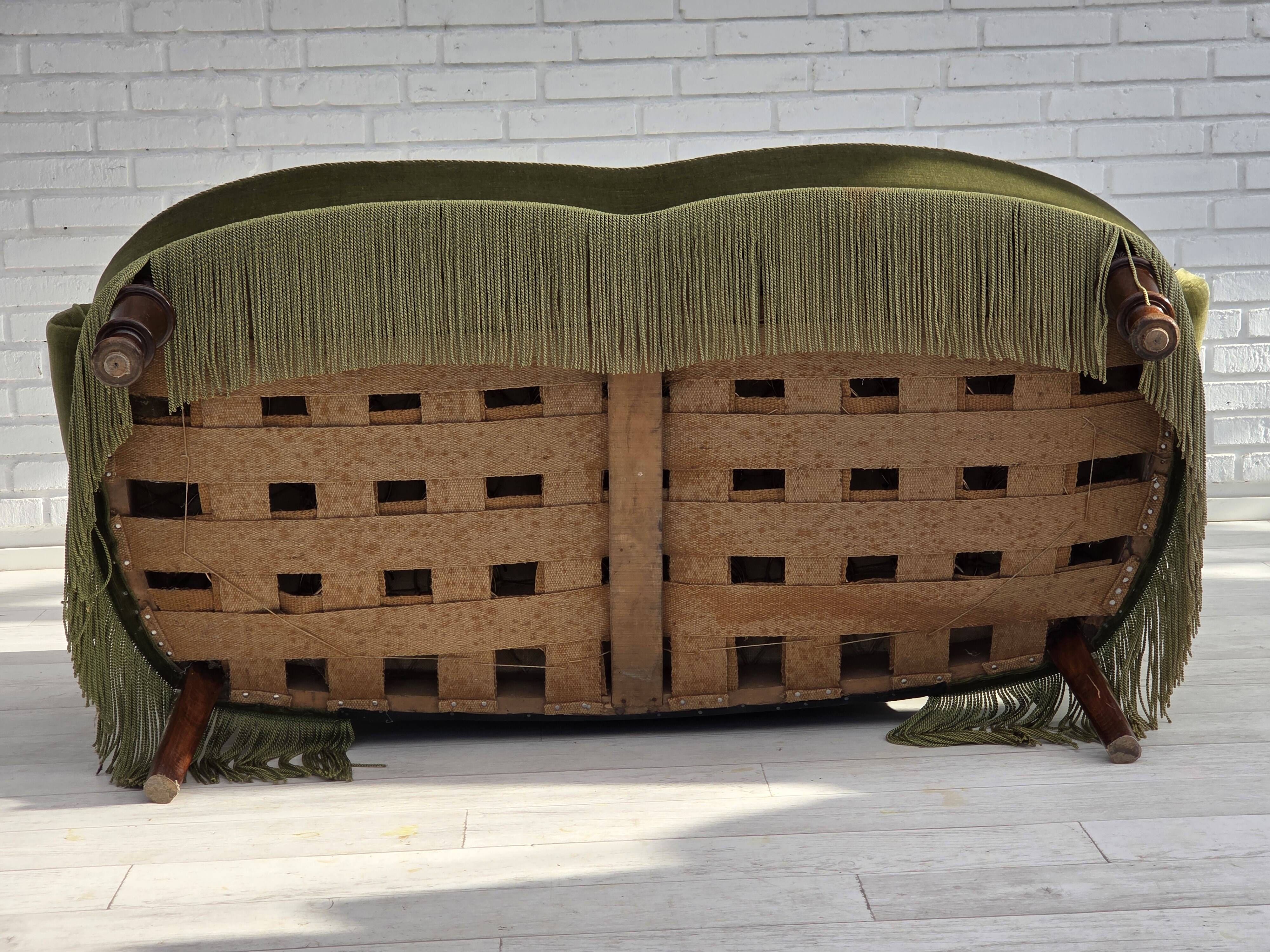 1960s, Danish 2-seater sofa, green furniture velour, beech wood.