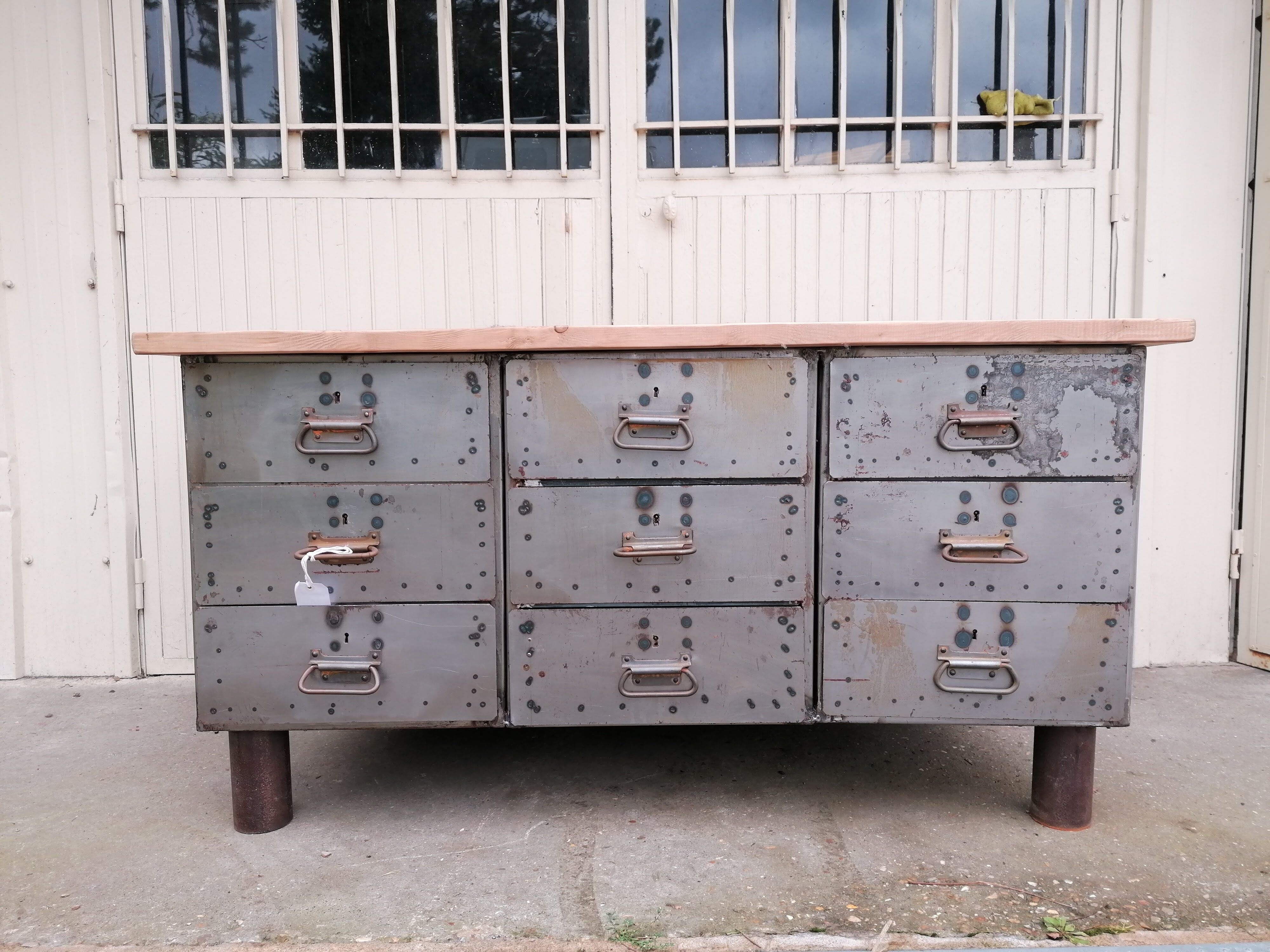 Antique workshop workbench, vintage, metal and wood