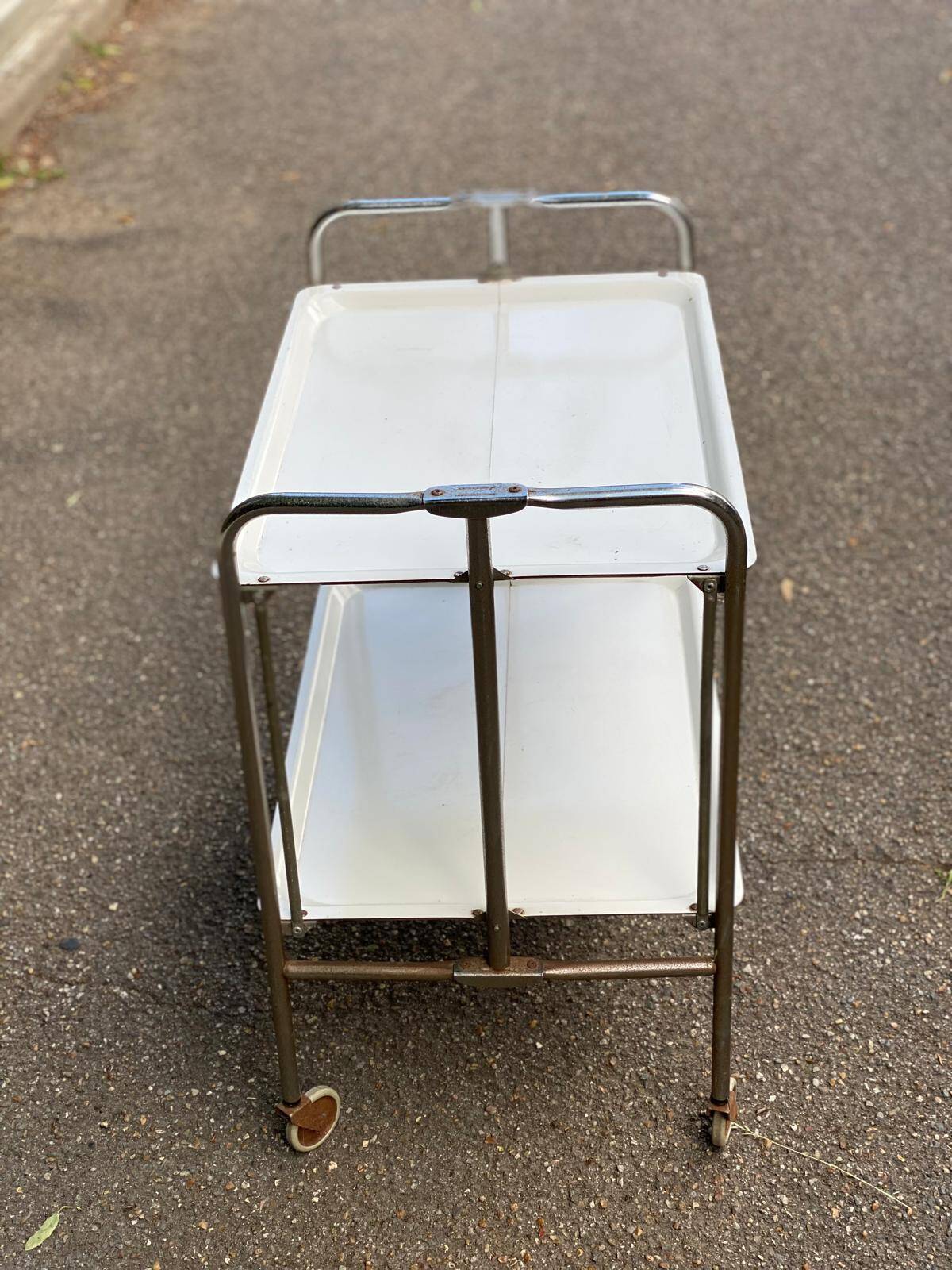 Folding trolley in steel and white wood on wheels