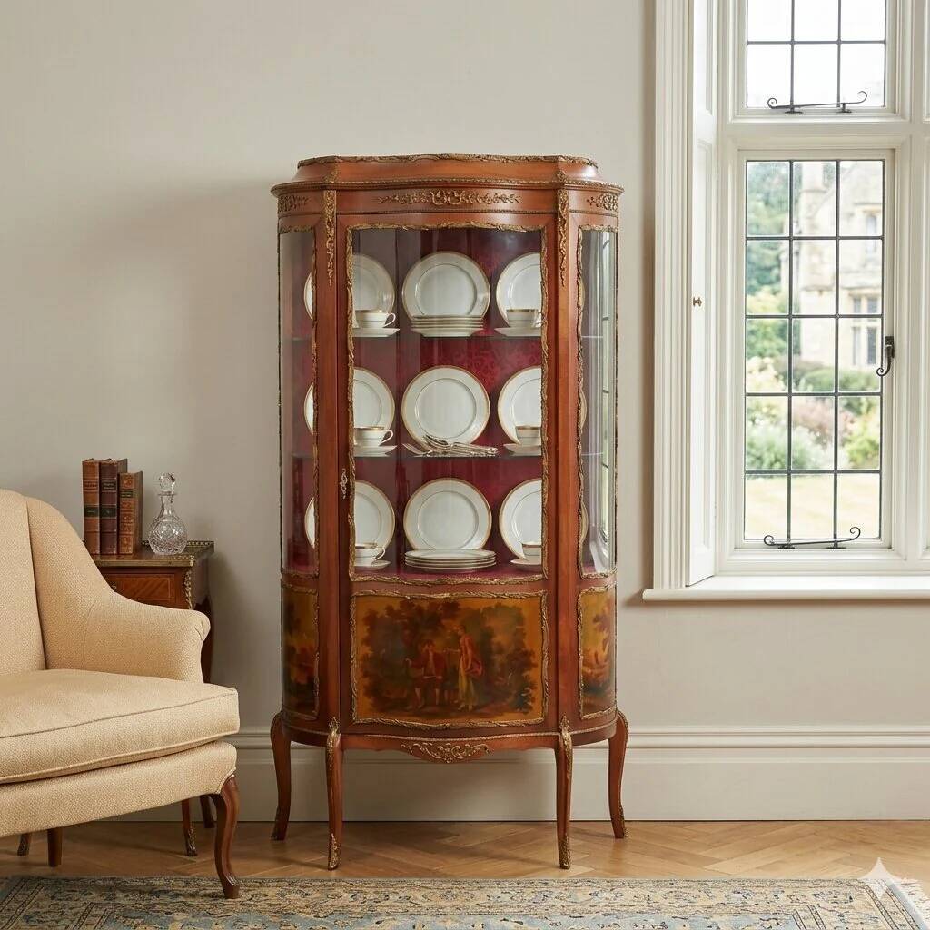 Antique baroque-style display cabinet in mahogany and bronze, Italy, 20th century.
