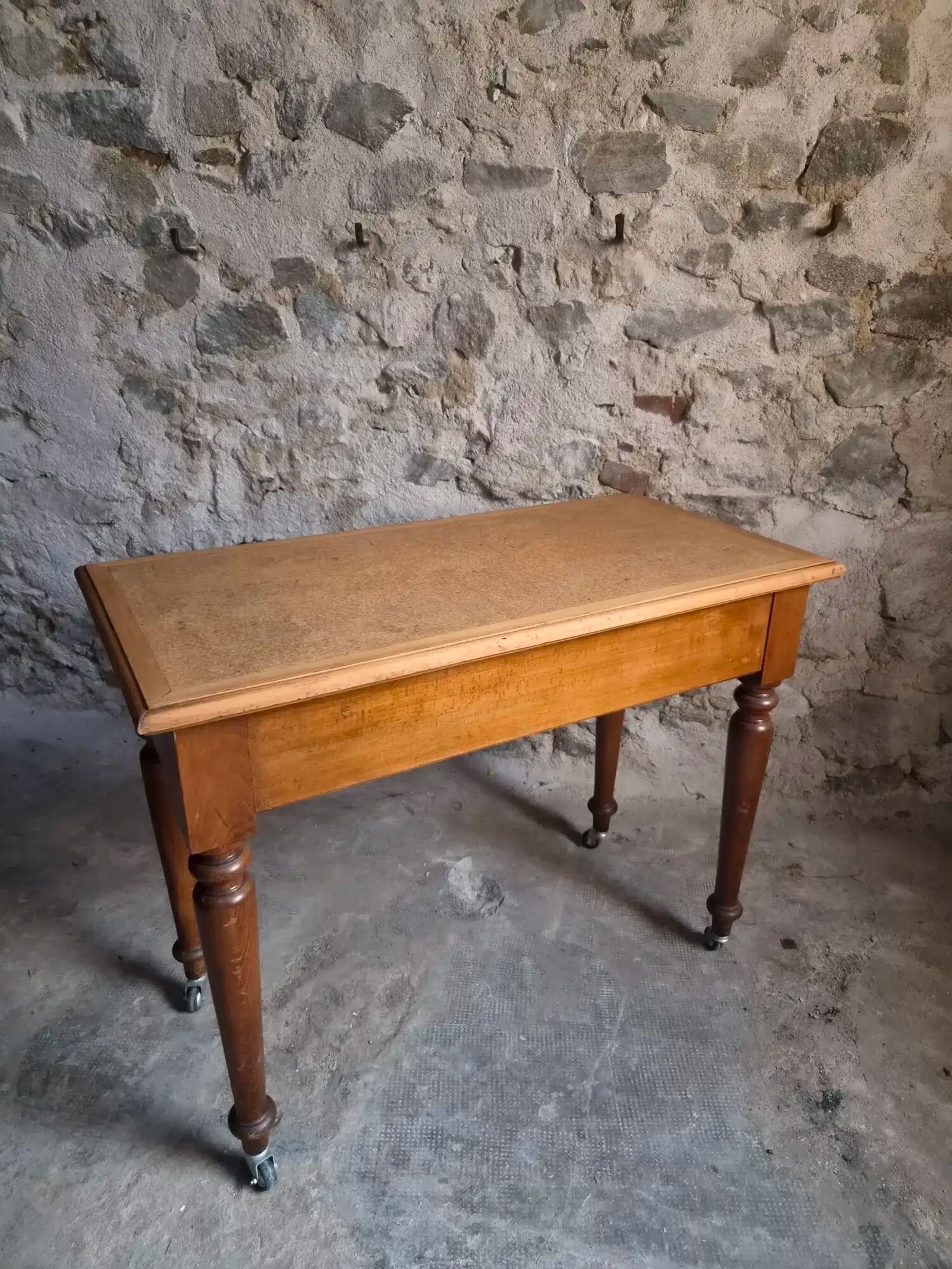 Vintage beech desk with a linoleum top and drawer.