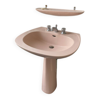 Lavabo vintage rose grès émaillé rose et tablette murale