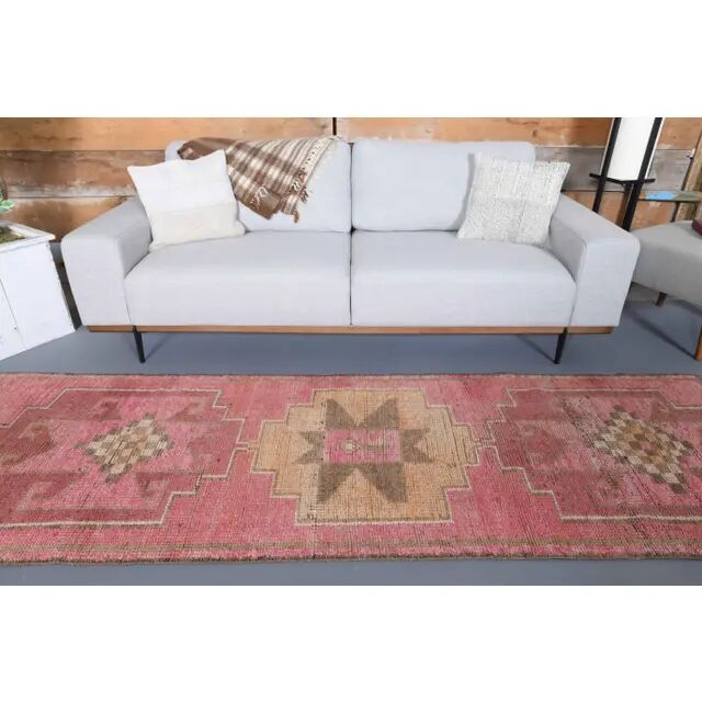 Vintage Turkish hand-knotted wool cotton pink runner rug 92x290
