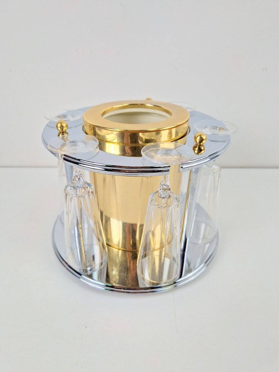Brass Champagne Cooler with Glass Holder and Crystal flutes by Hans Turnwald for Freddotherm, Germany, 1960s, Set of 7