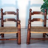 Oak and rush armchair, brutalist style, Charles Dudouyt, 1940s