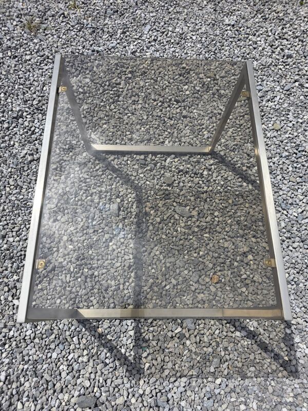 Table basse en métal brossé dessus verre fumé, années 70/80