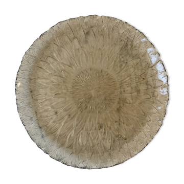 Plat rond en verre fumé motif fleur années 70