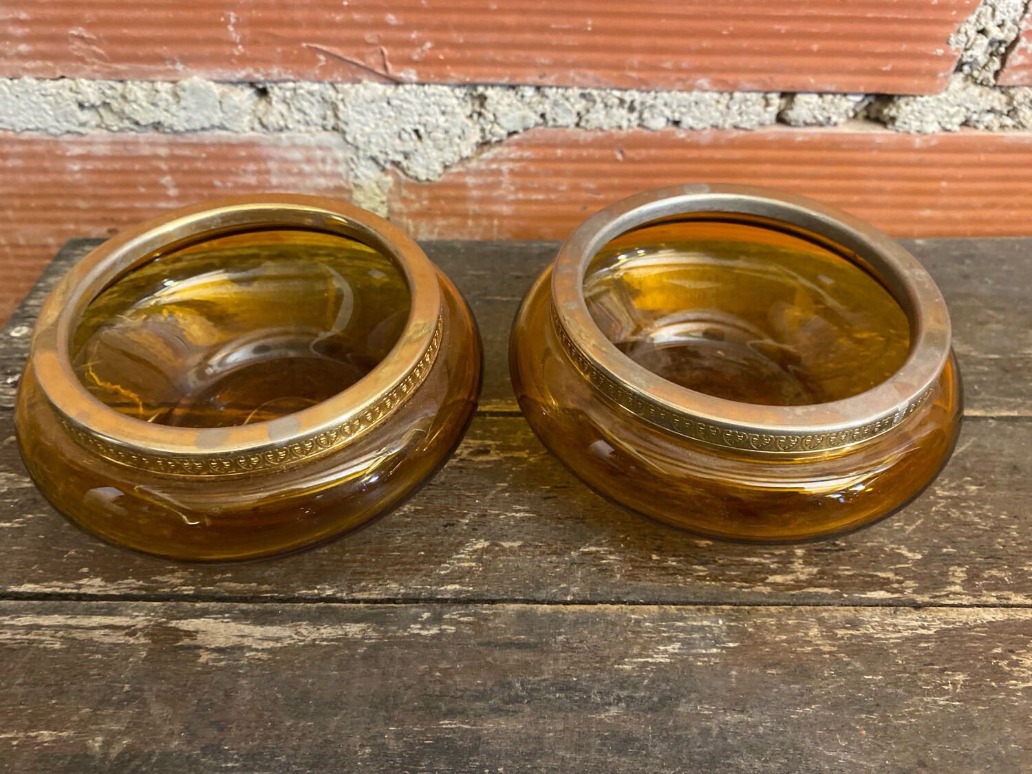 Salad bowl + 2 Antique AMBRINE Bowls Amber Glass + Gold Bronze Mounting