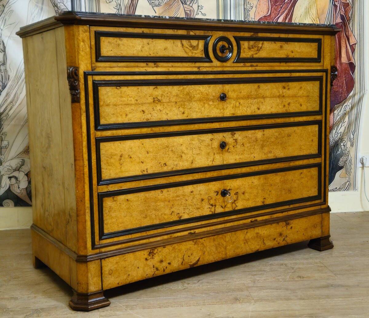 Charles X period commode in maple and blackened pear (circa 1820)