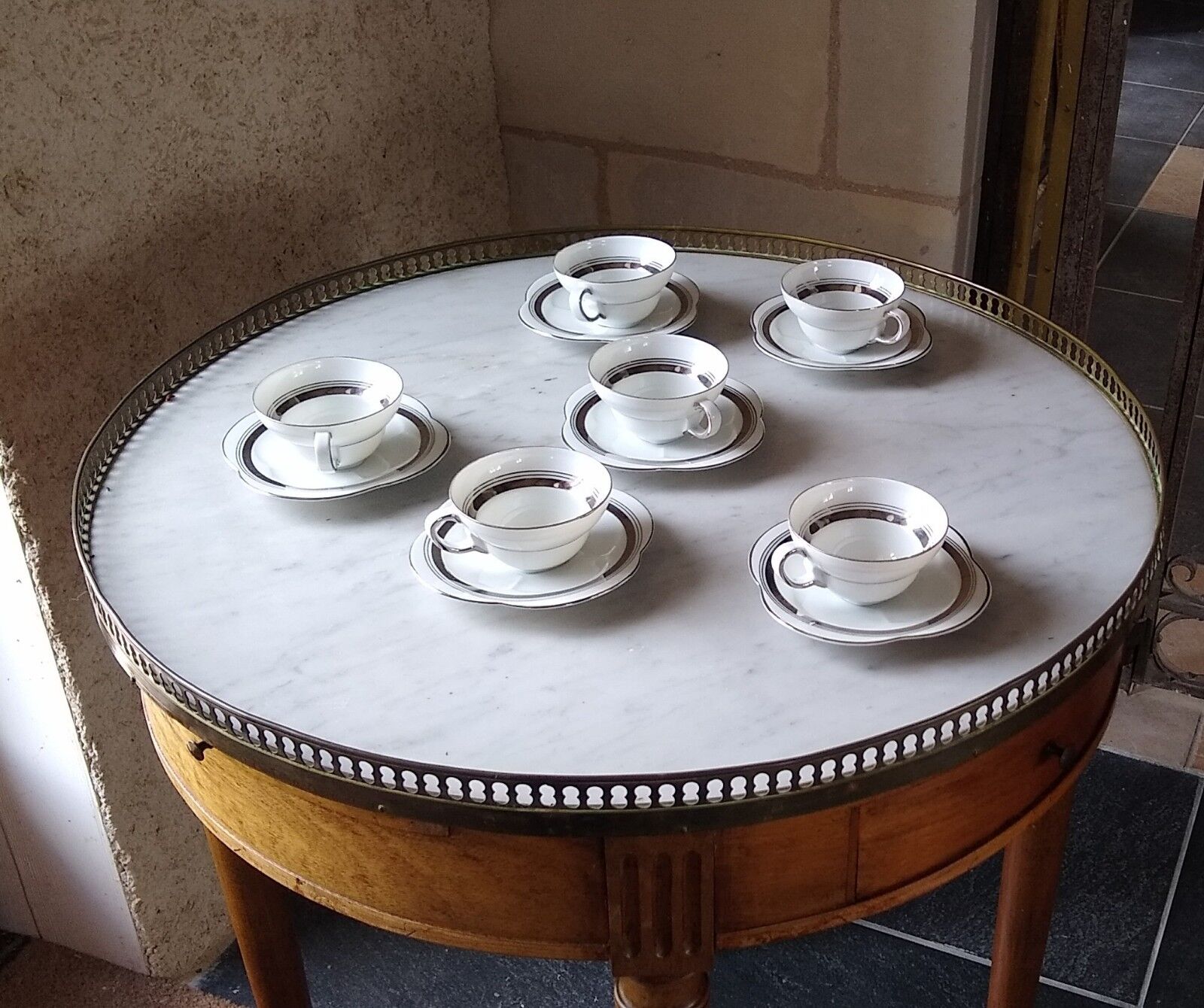 6 coffee cups in fine epiag white and steel gray moiré porcelain